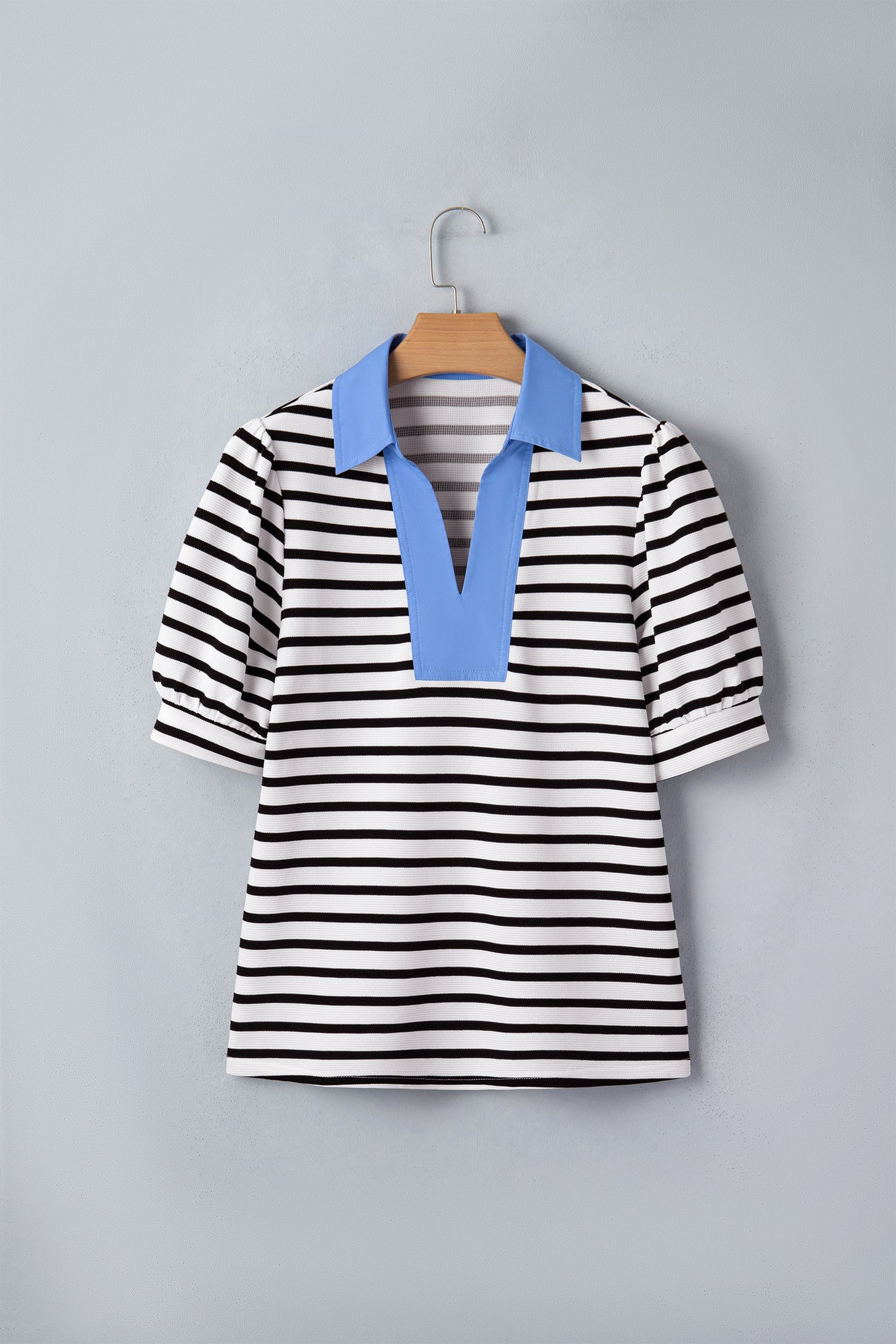 Short Puff Sleeve Color Block Polo Collar Blouse