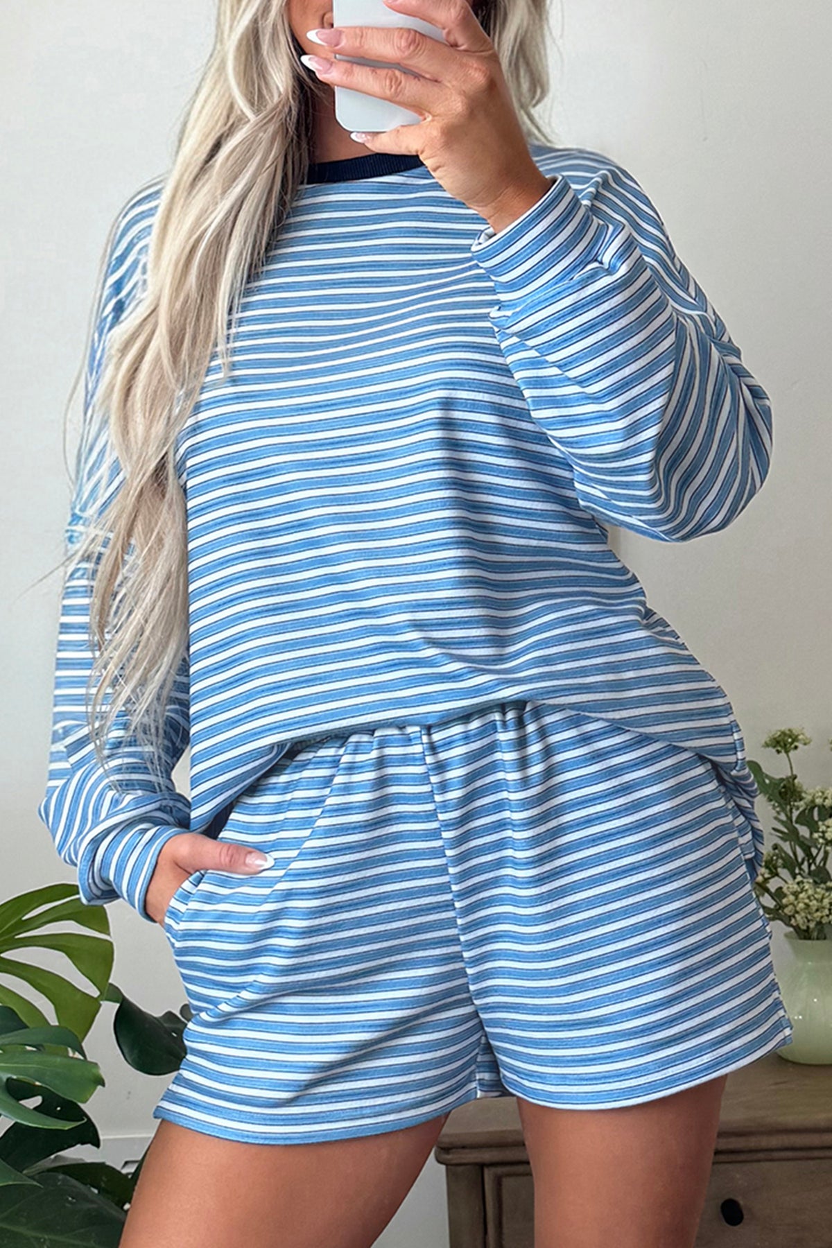 Stripe Long Sleeve Oversized Top Pocketed Casual Shorts Two Piece Set