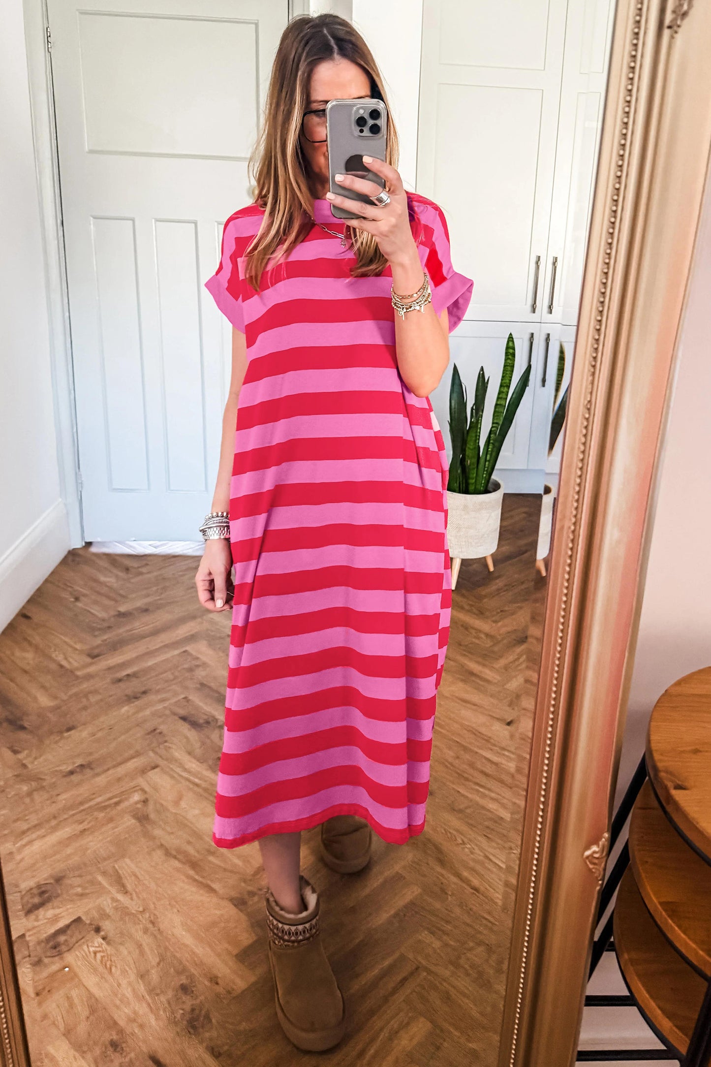 Stripe Cuffed Short Sleeve Pocketed Casual T Shirt Long Dress