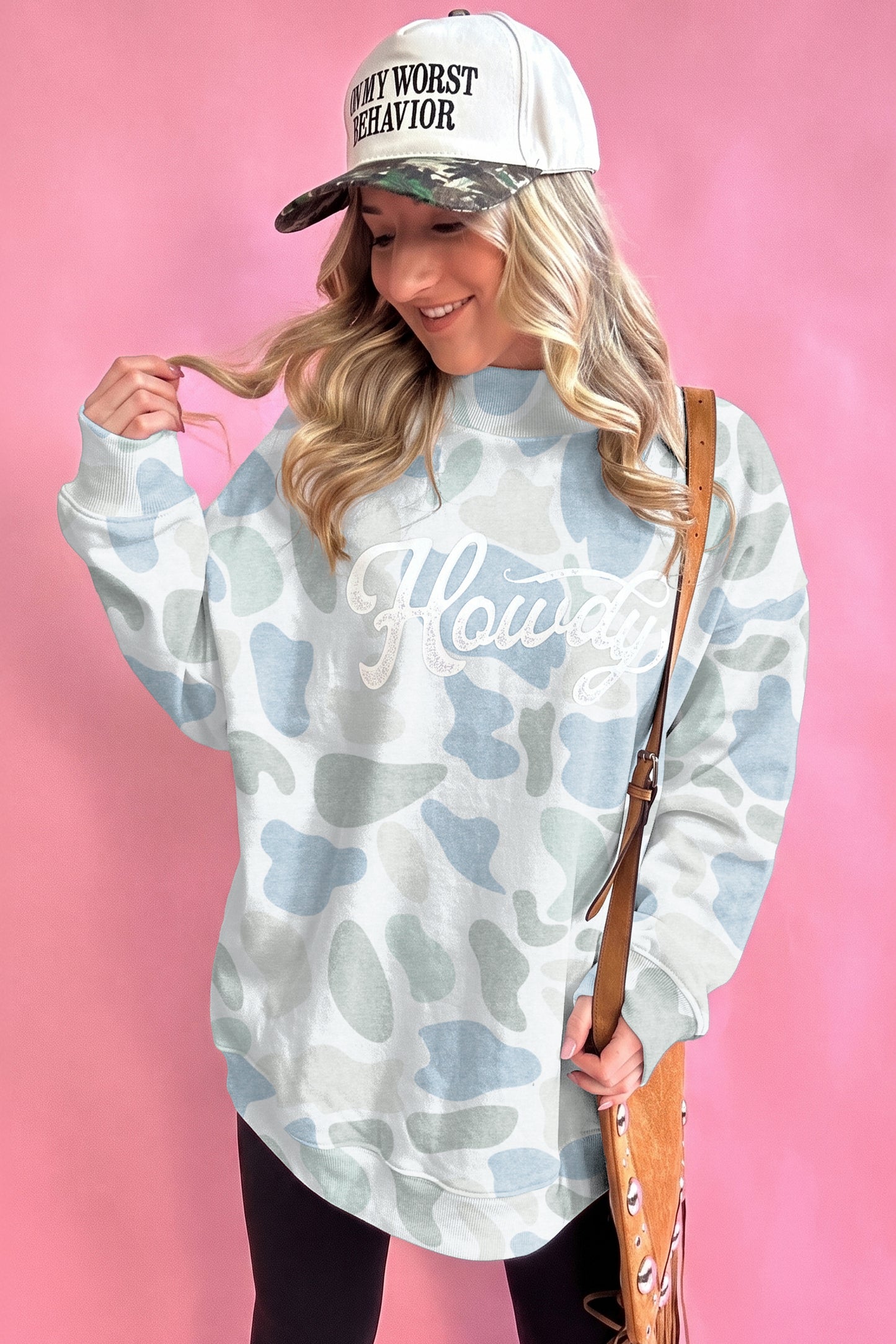 Camo Print Howdy Western Style Baggy Pullover Sweatshirt