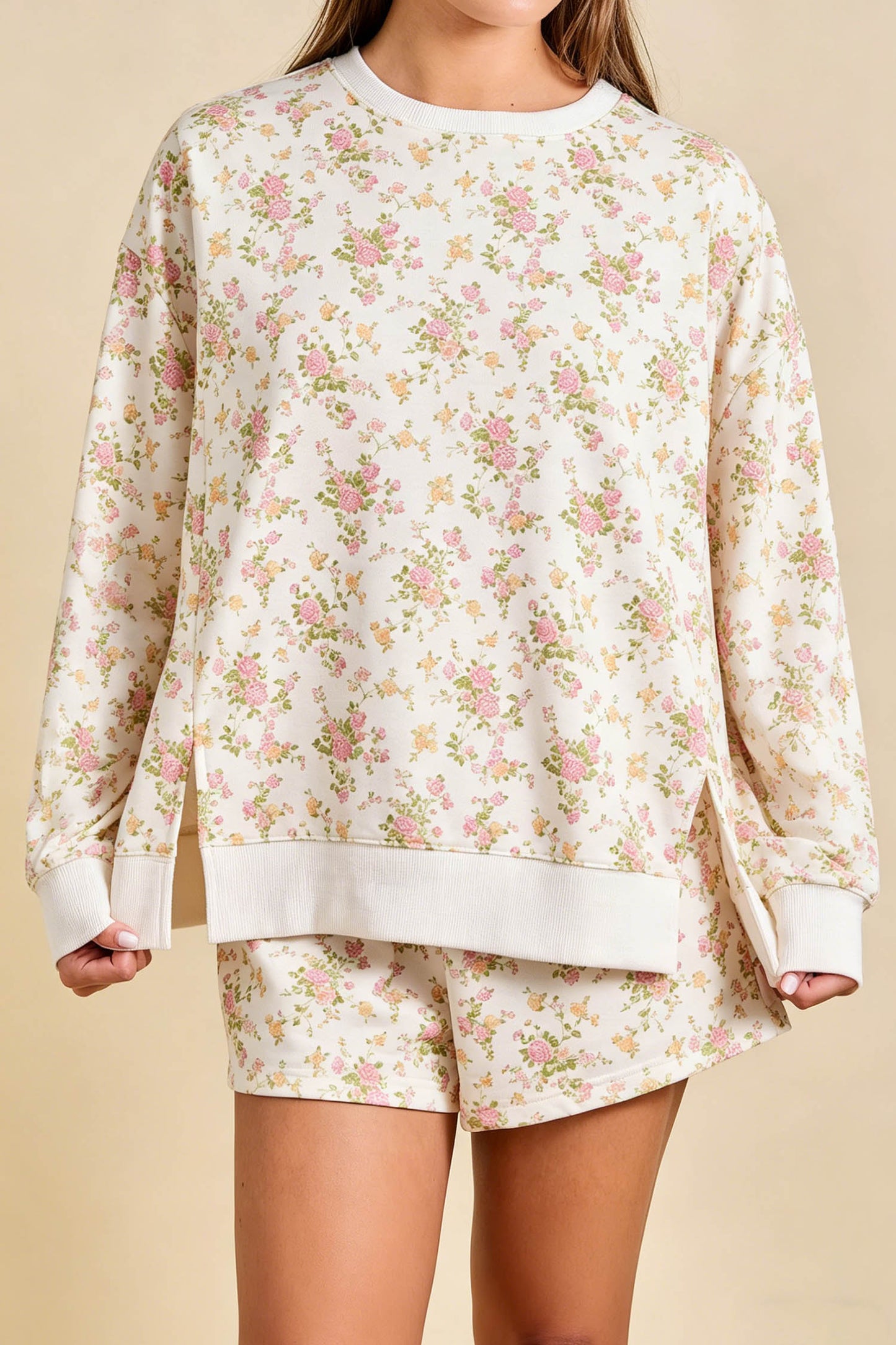 Floral Print Long Sleeve Shift Top Pocketed Shorts 2pcs Set