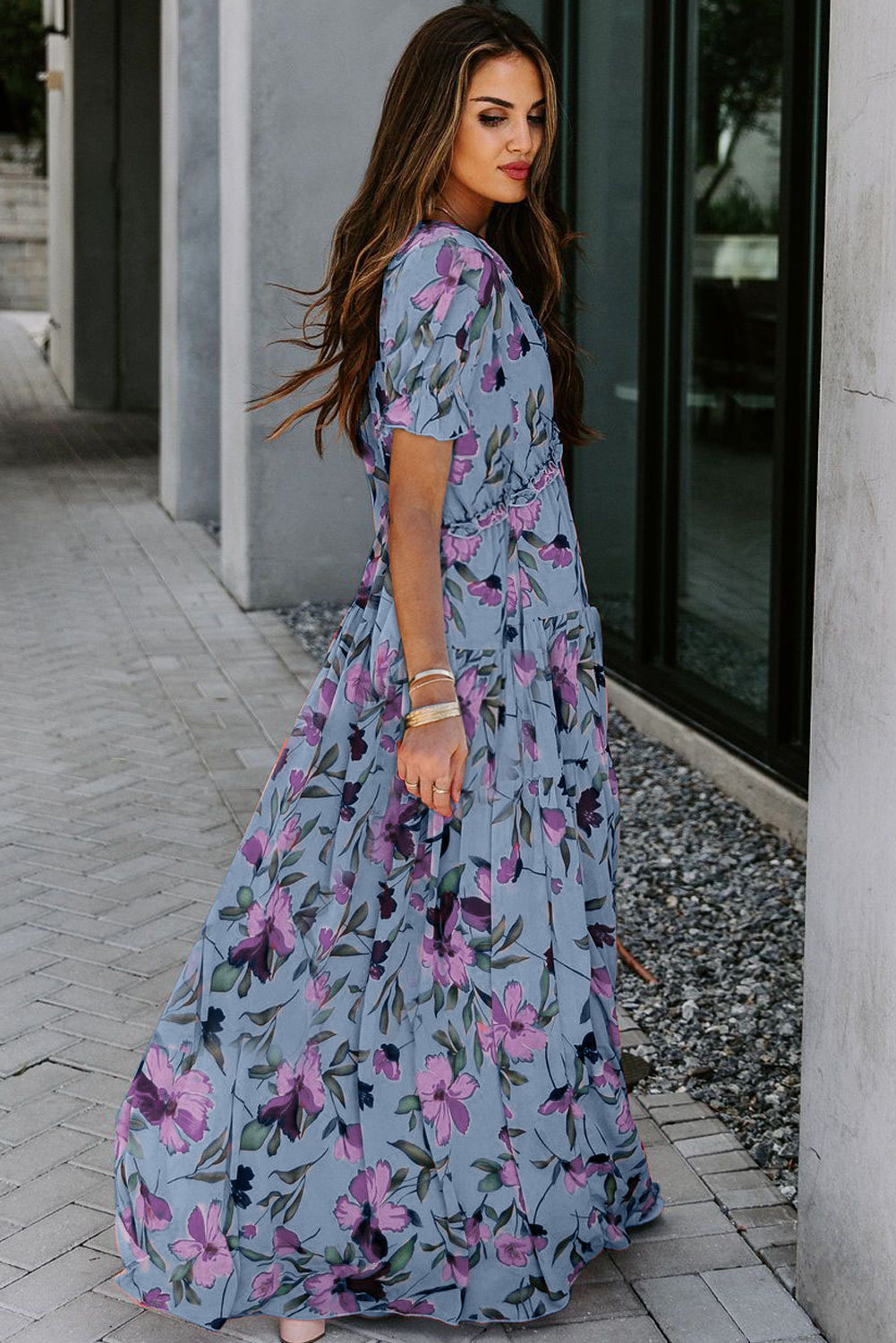 Floral Print Frilled V Neck Short Sleeve Maxi Dress