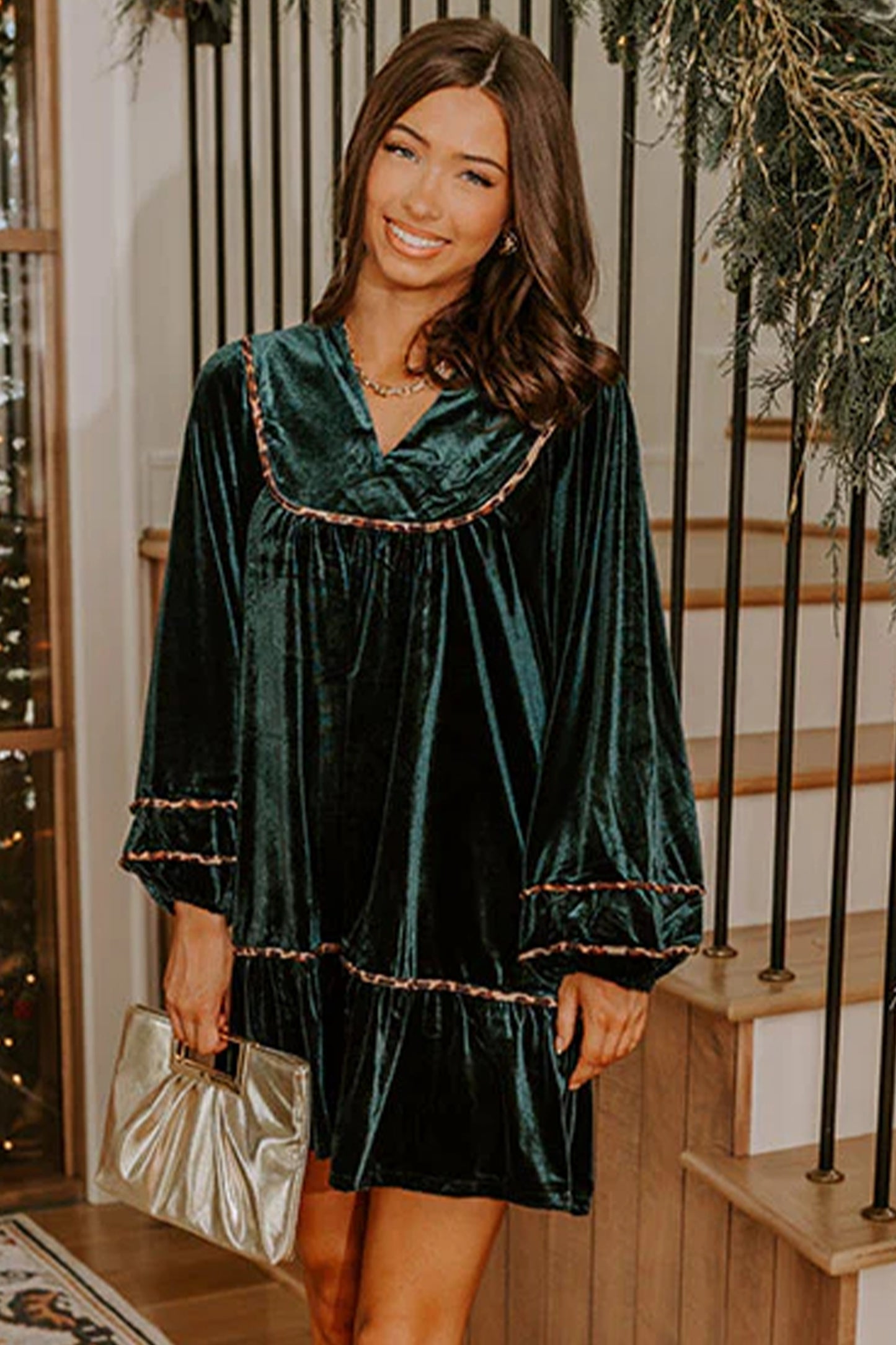 Leopard Trim Velvet Long Sleeve Shift Dress