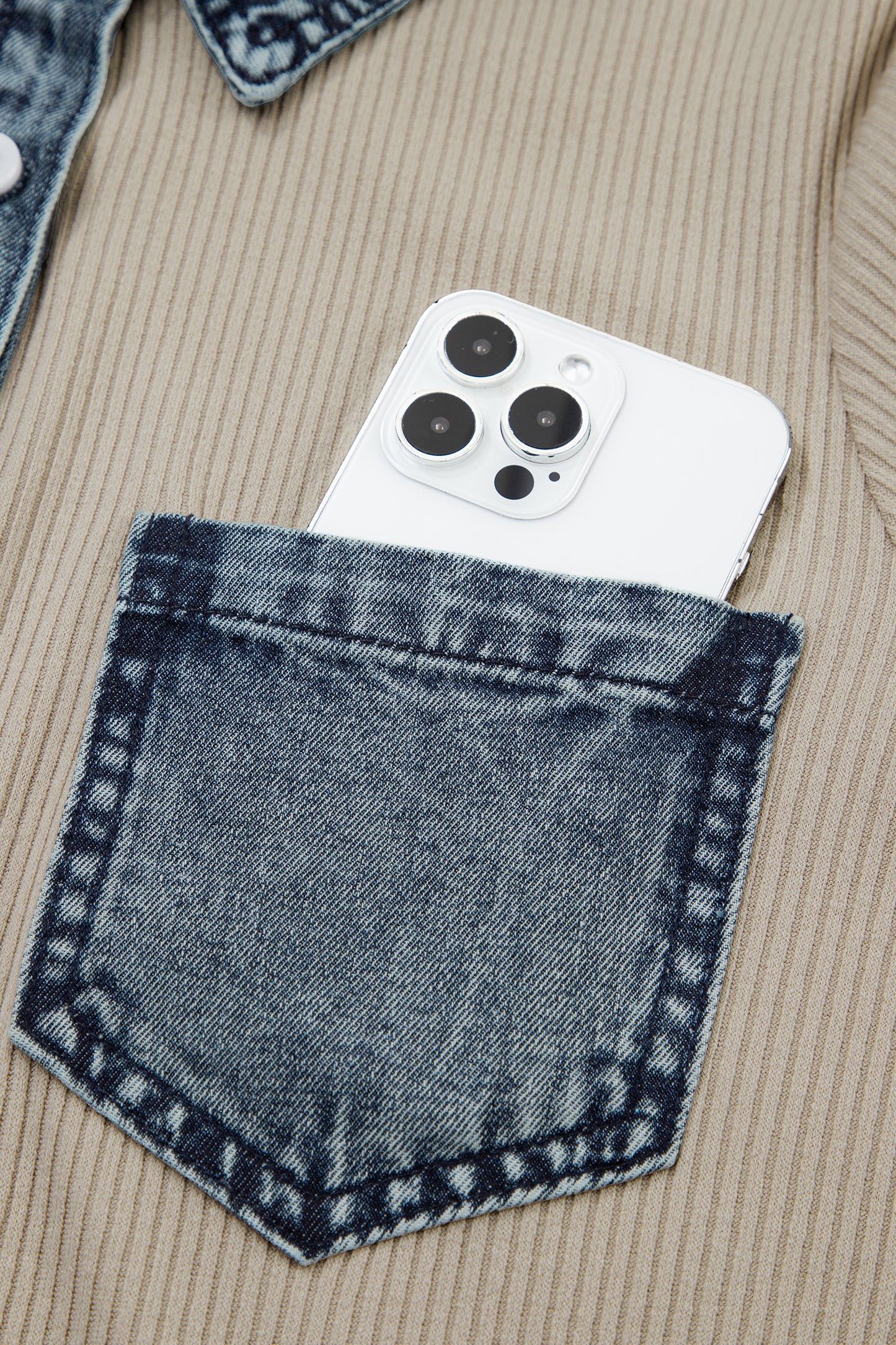 Short Sleeve Ribbed Knit Denim Patchwork Polo Collar Dress