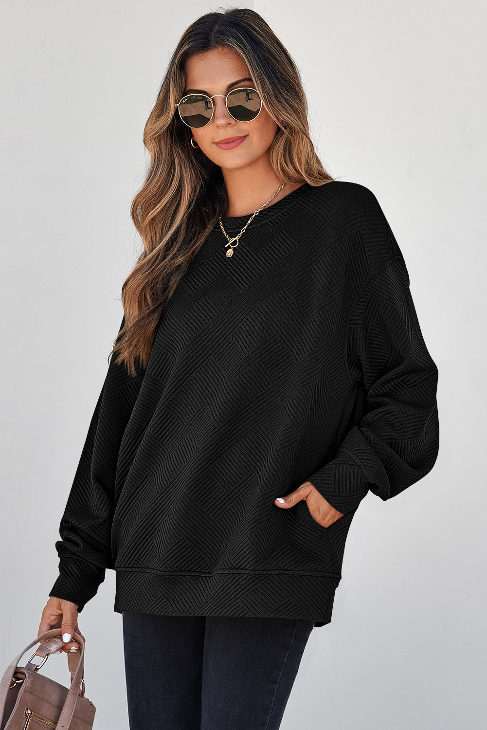 Textured Round Neck Drop Shoulder Pullover Sweatshirt