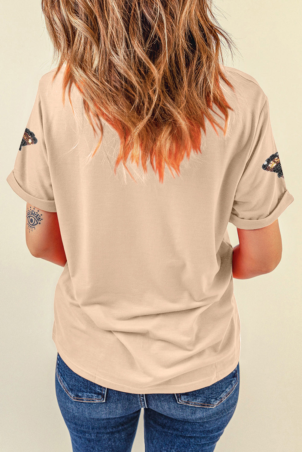 Sequined Turkey Patched Pattern Crewneck Thanksgiving T Shirt