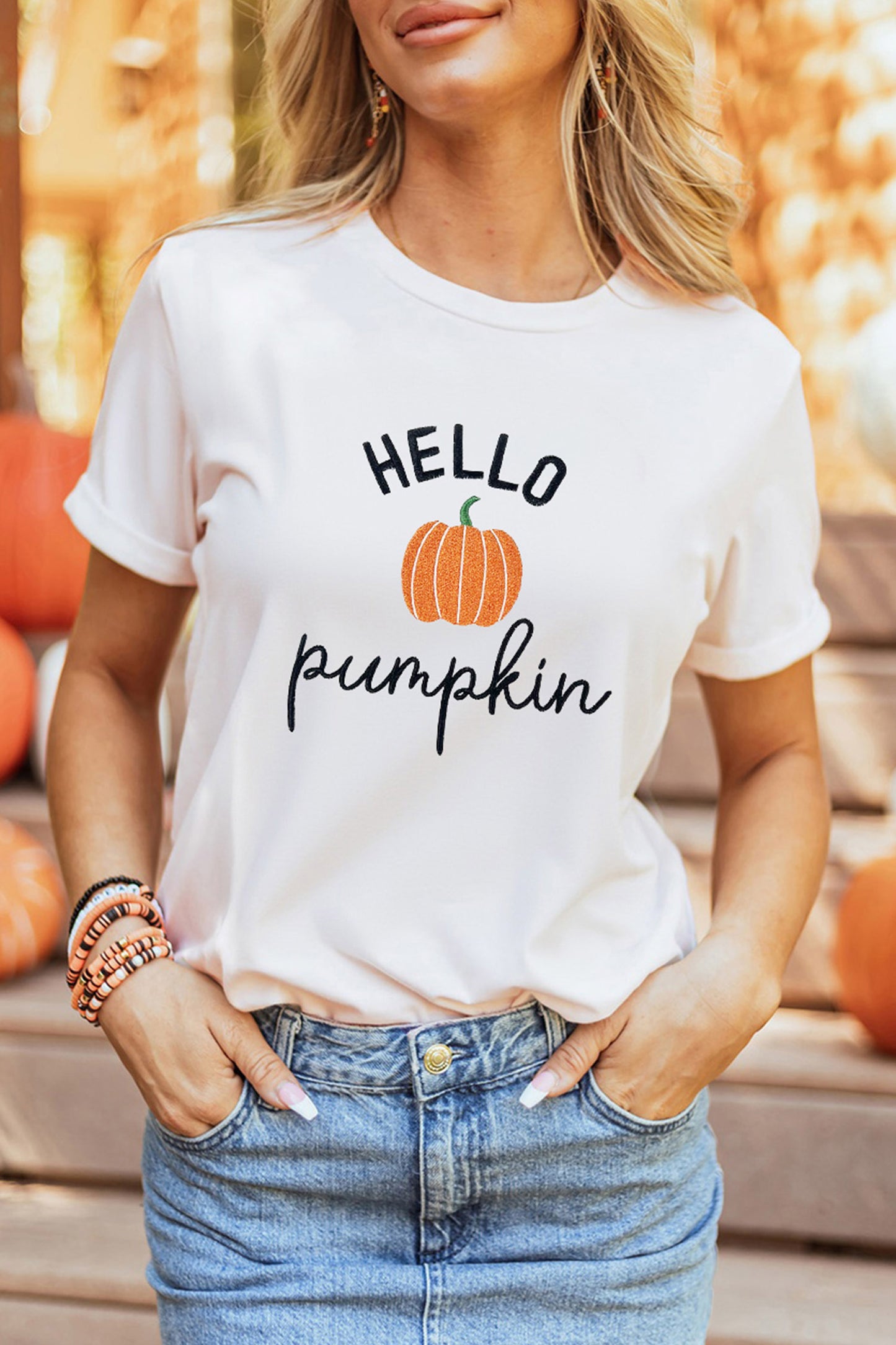 Embroidered Pumpkin Slogan Short Sleeve T-Shirt