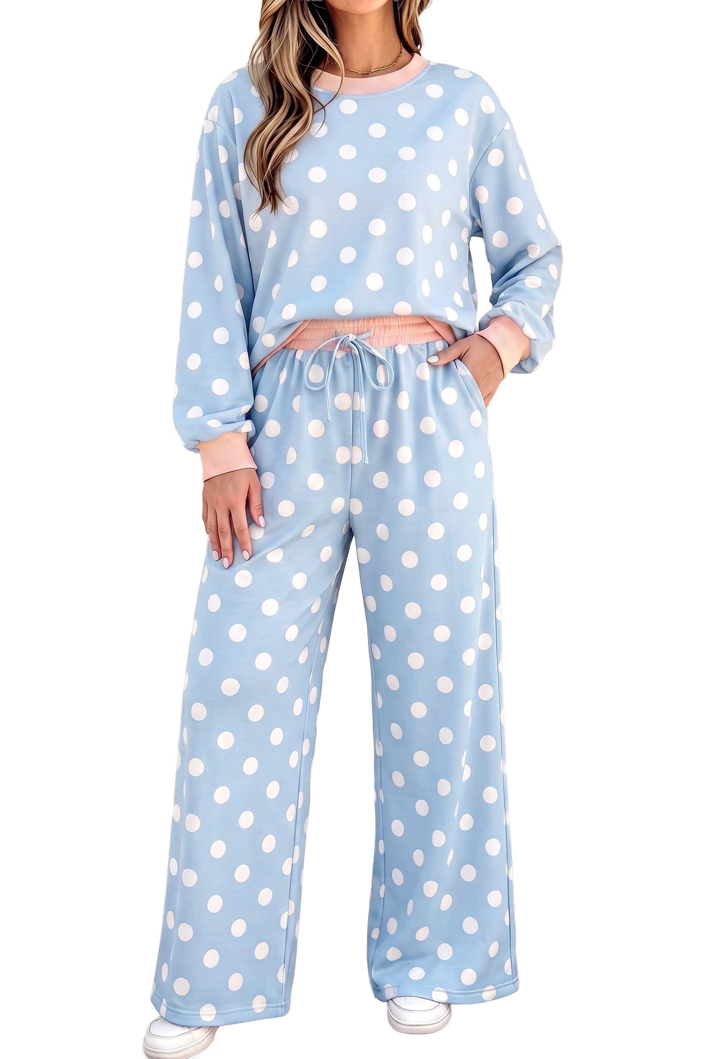 Polka Dot Contrast Trim Long Sleeve Top Drawstring Shift Pants Set