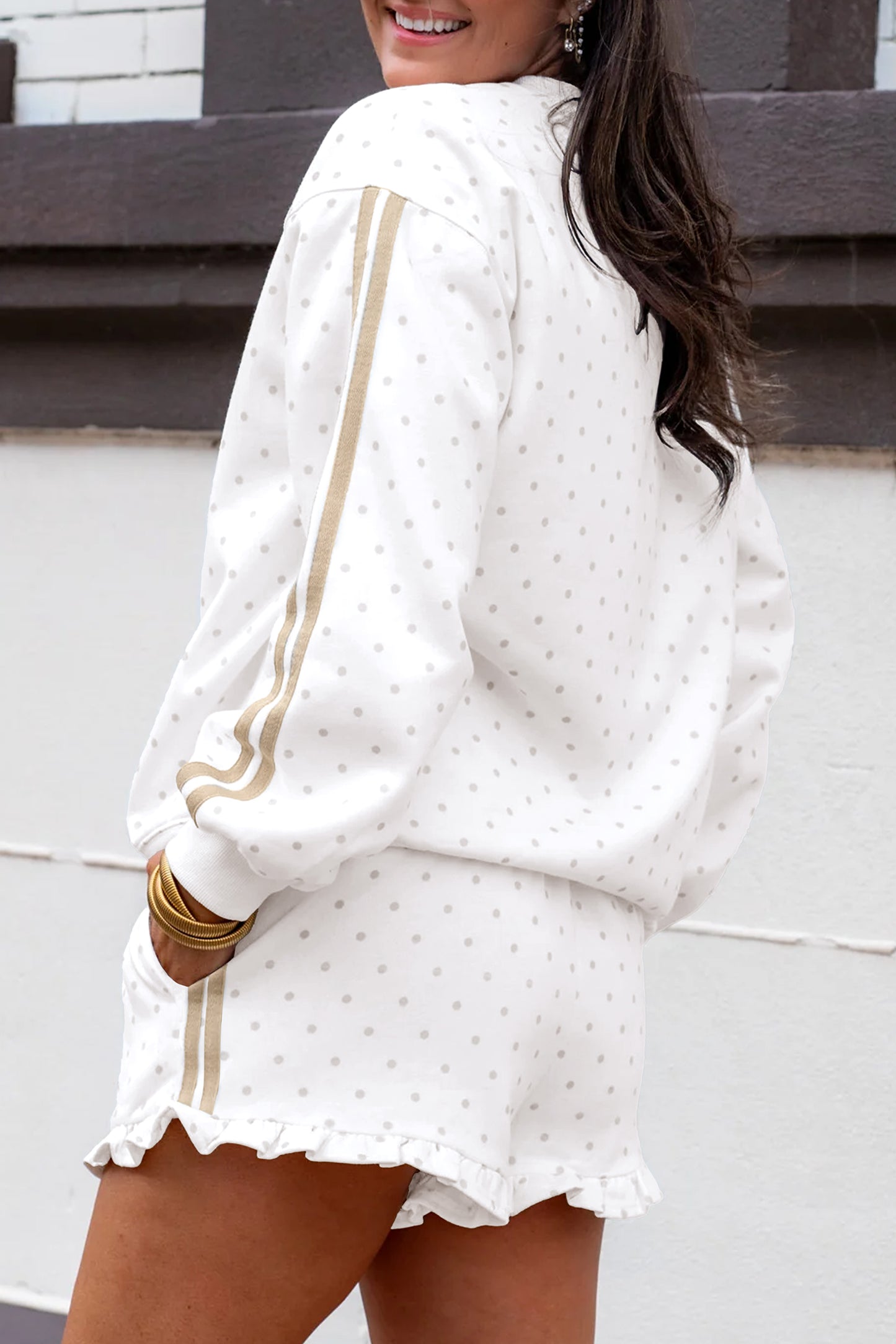 Polka Dot Print Side Stripe Detail Casual Sweatshirt 2pcs Short Set