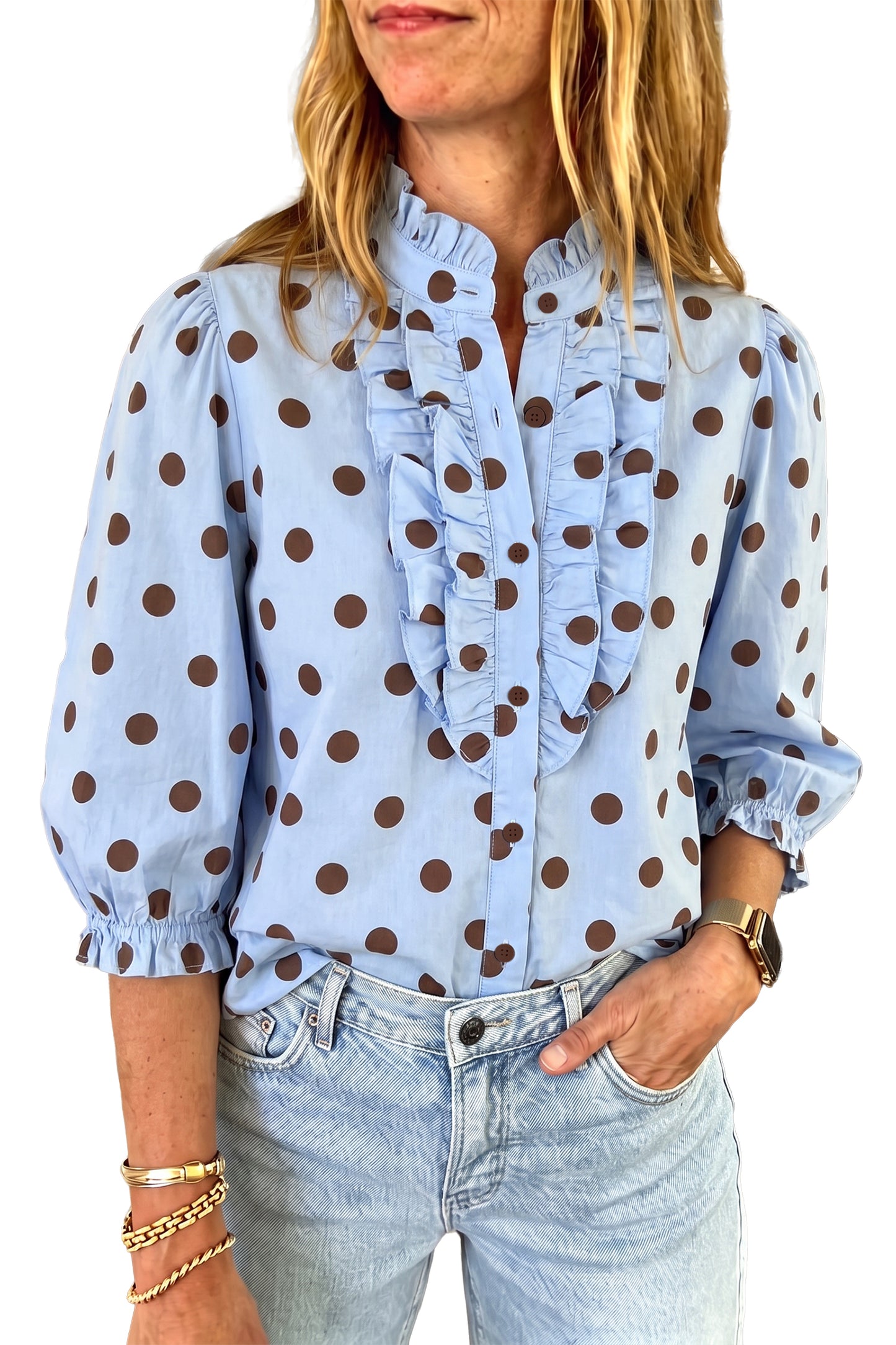 Polka Dot Striped Print Ruffle Stand Neck 3/4 Sleeve Shift Shirt