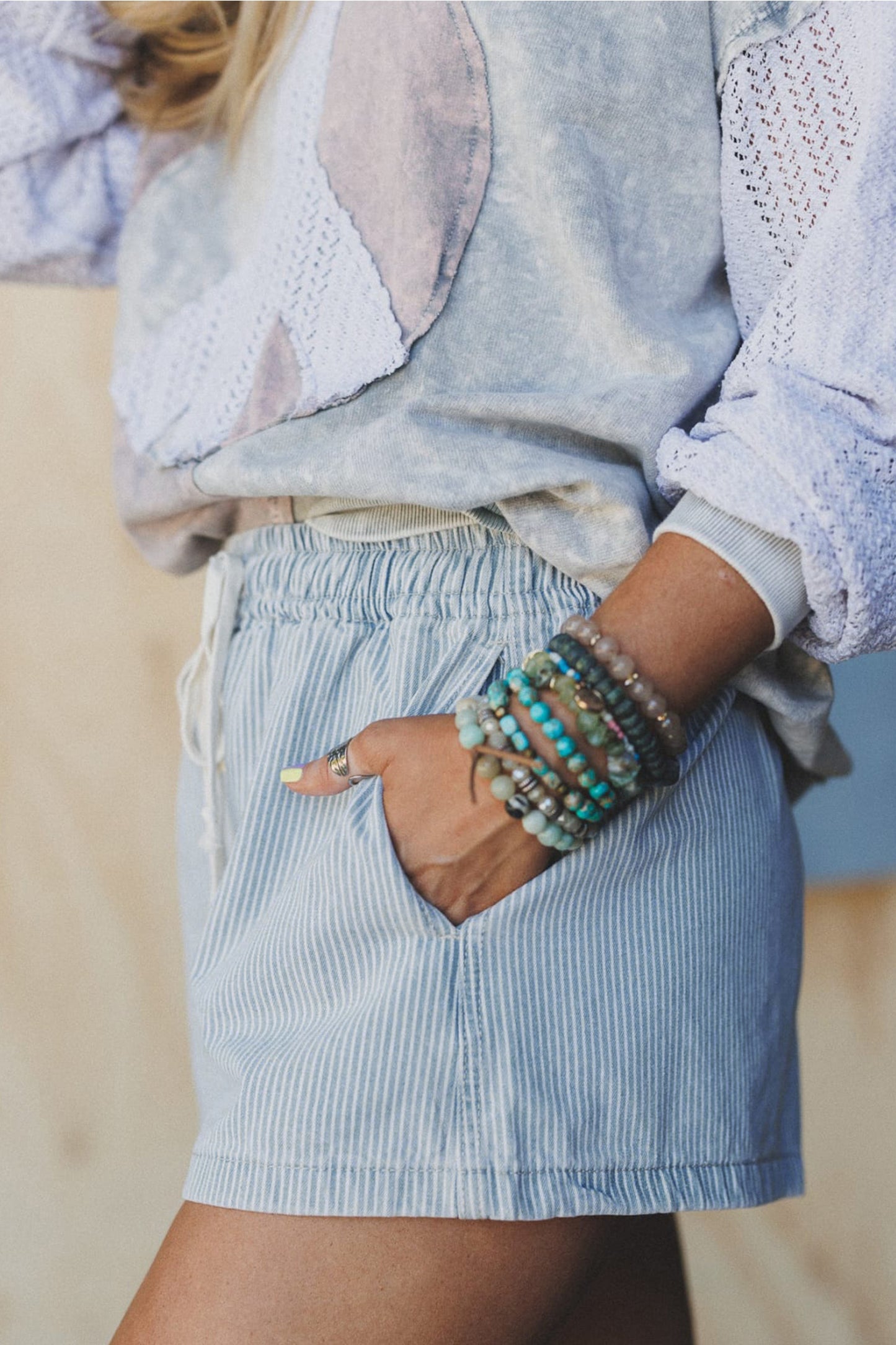 Stripe Drawstring Elastic Waist Casual Denim Shorts