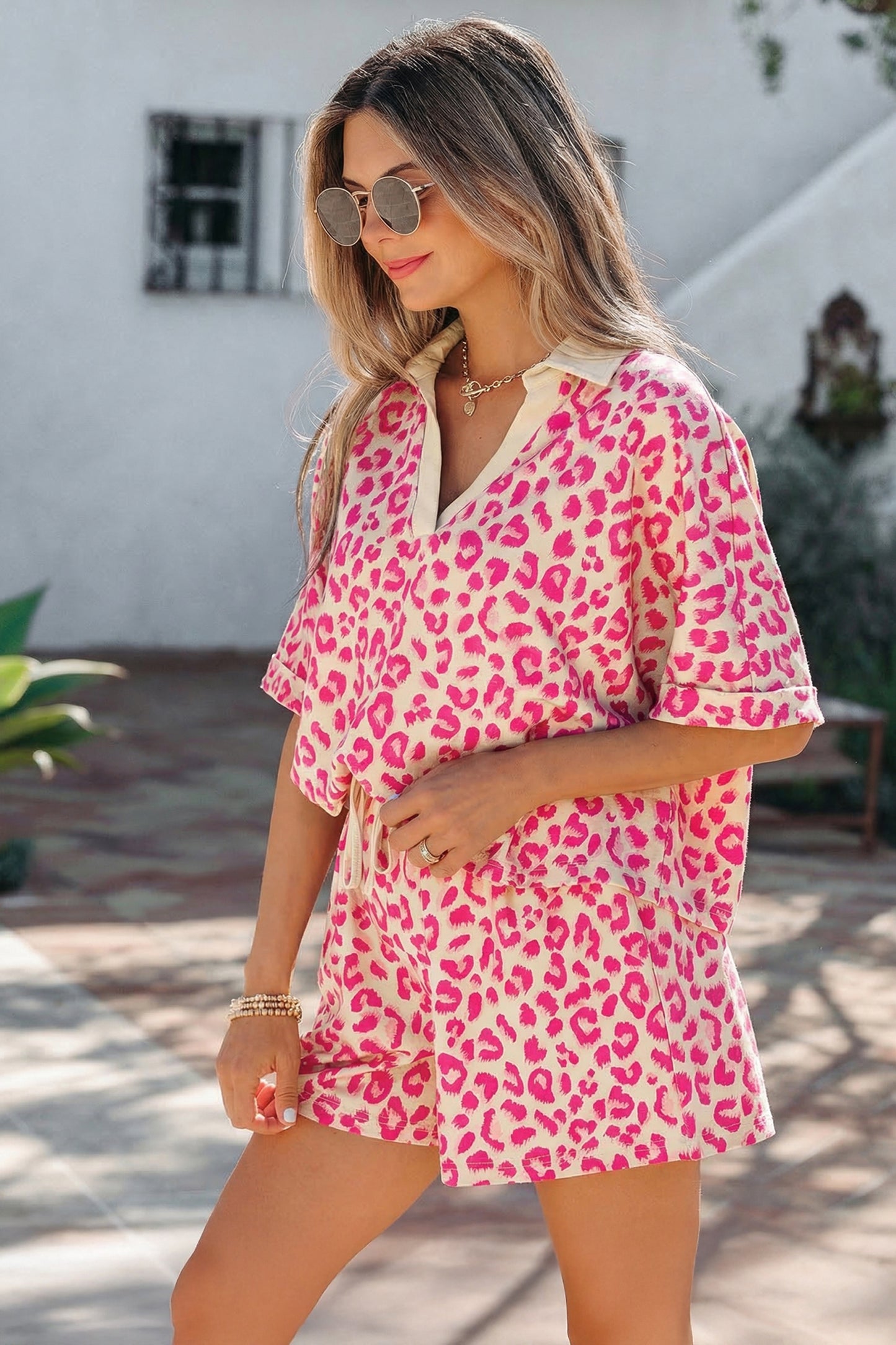 V Neck Collar Leopard Printed 2pcs Short Set