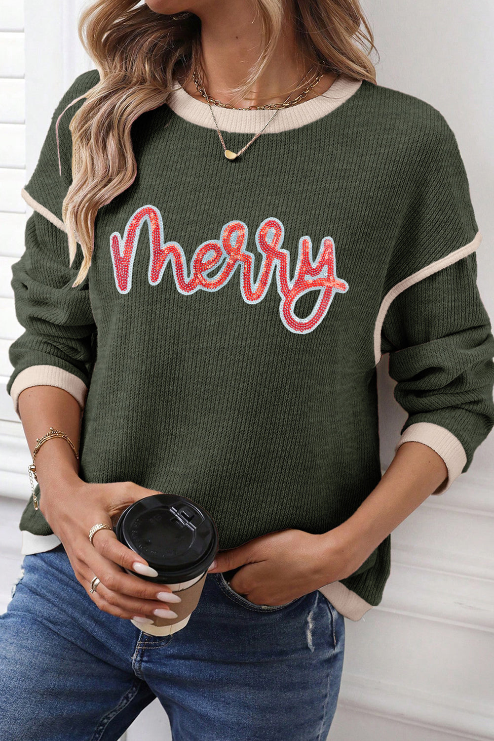Merry Patched Graphic Contrast Trim Christmas Knitted Long Sleeve Top