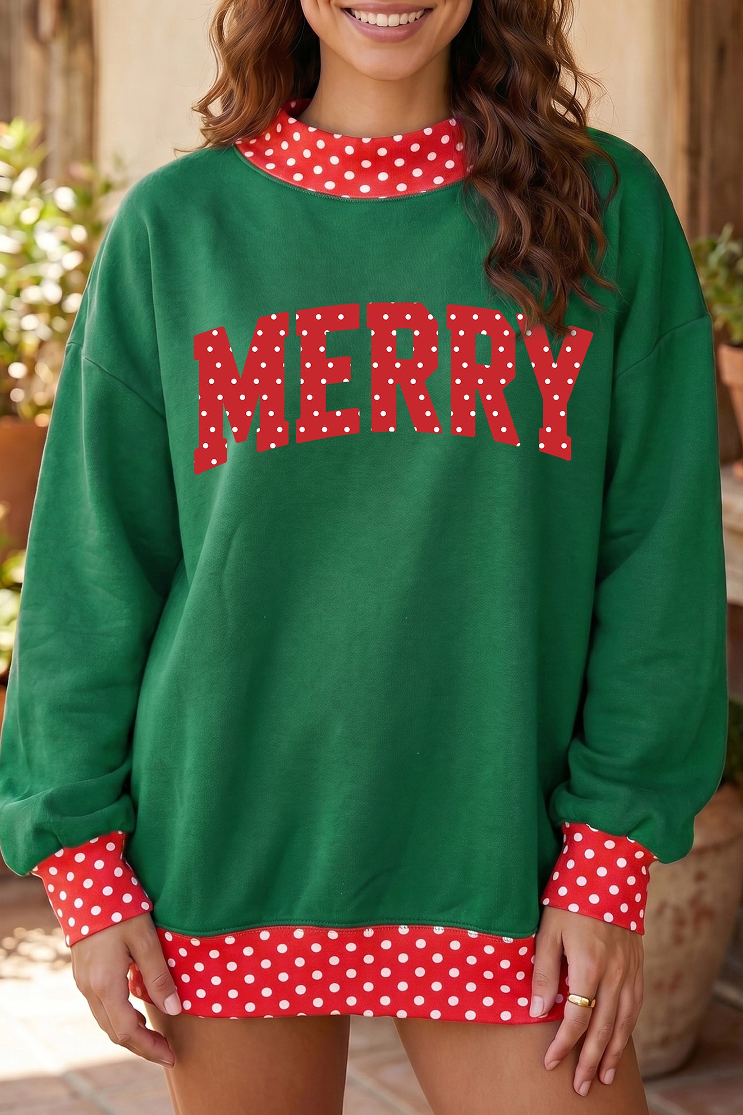 Merry Christmas Slogan Polka Dot Contrast Trim Tunic Sweatshirt