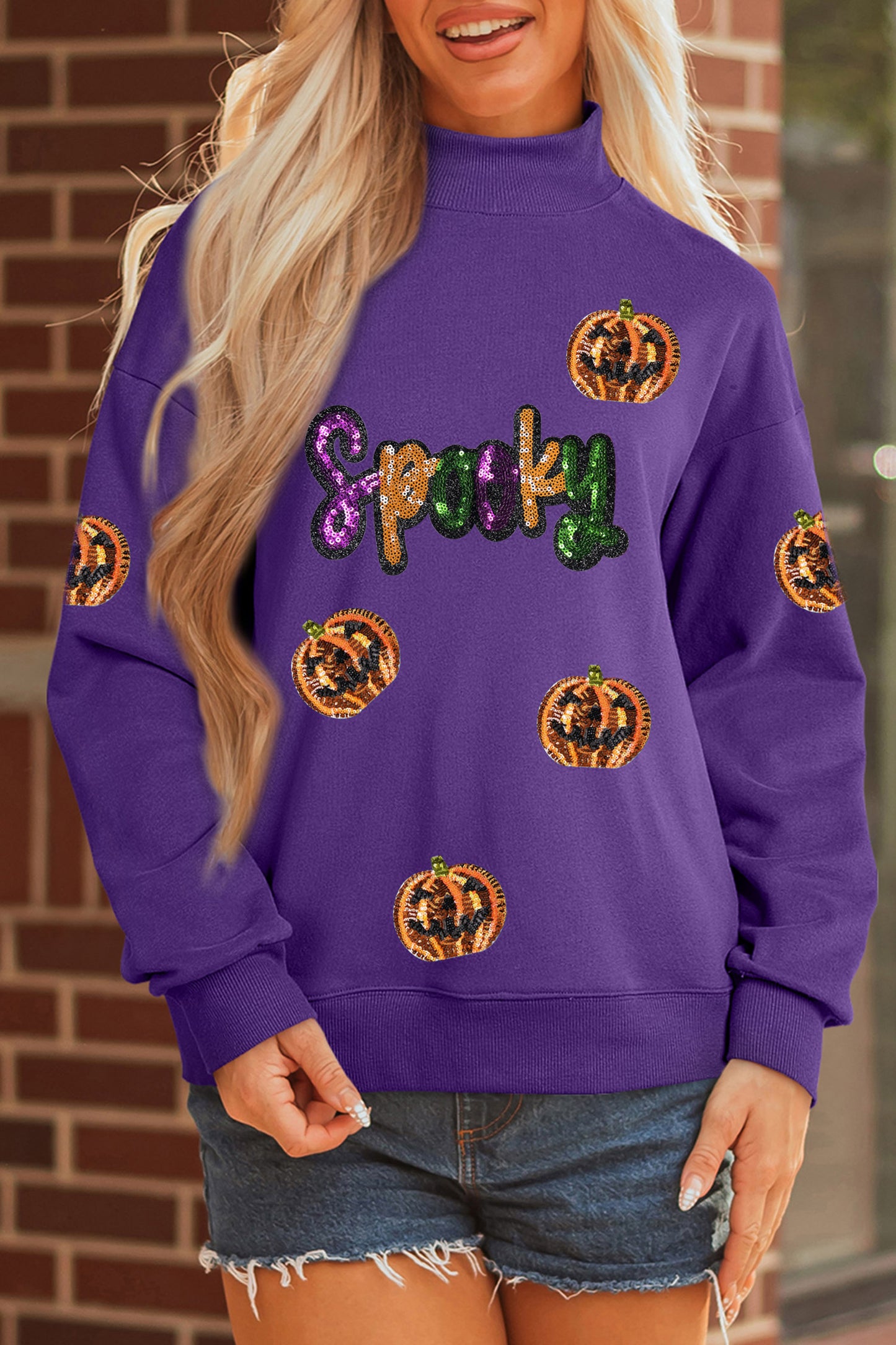 Sequin Pumpkin Spooky Graphic Halloween Pullover Sweatshirt