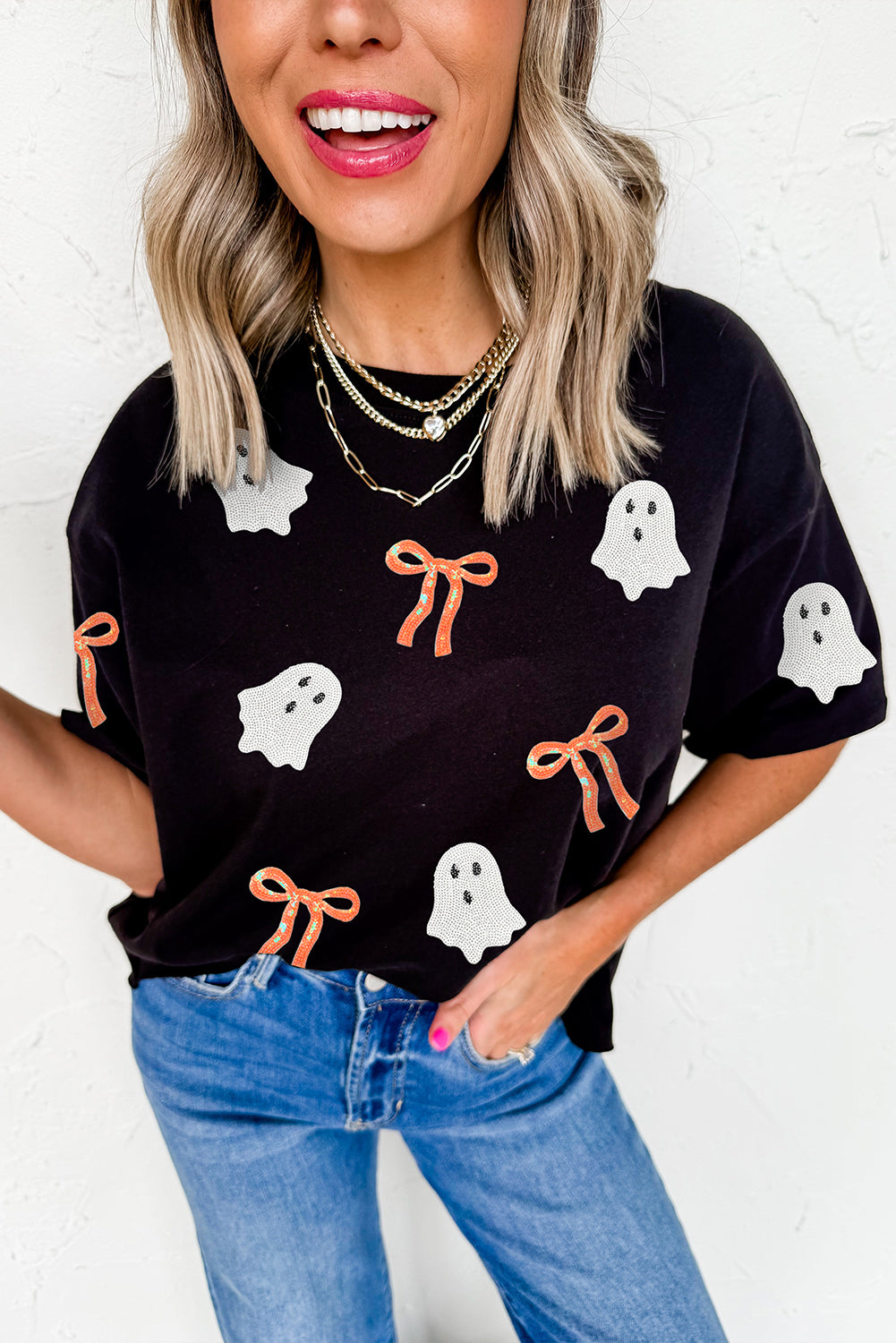 Sequin Bow Ghost Patched Halloween Graphic Tee