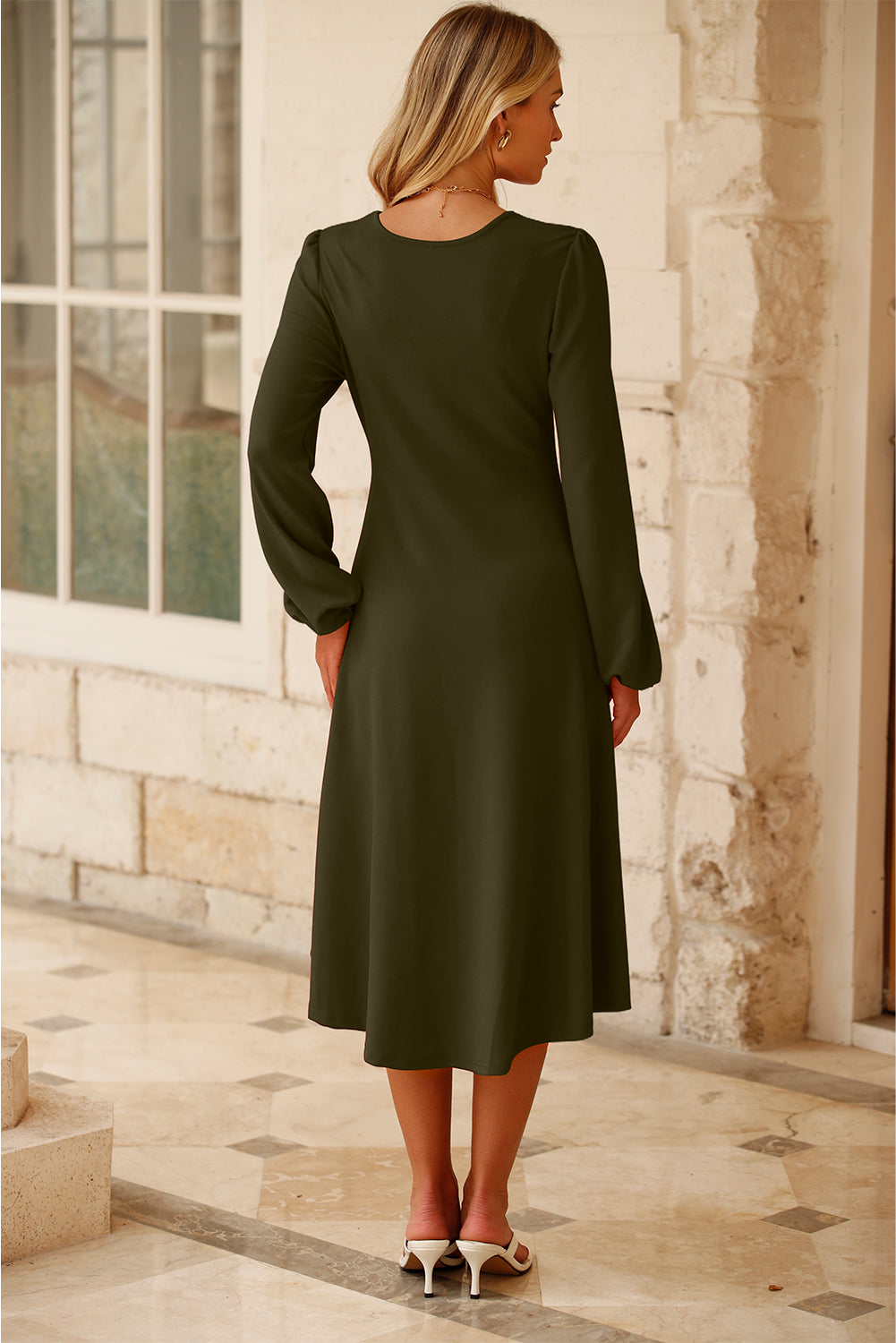 Solid Color Ruched Detail Long Sleeve Midi Dress