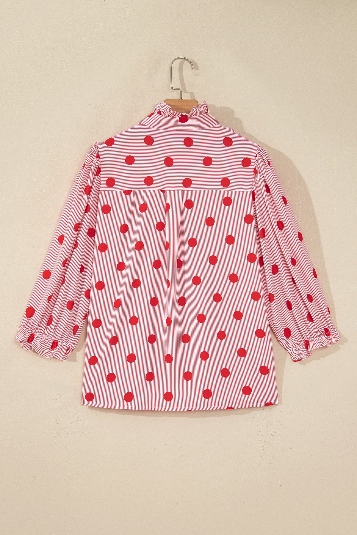 Polka Dot Striped Print Ruffle Stand Neck 3/4 Sleeve Shift Shirt