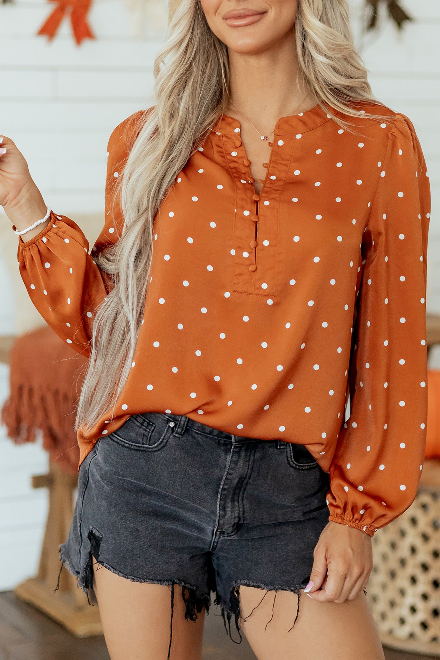 Polka Dot Half Button V Neck Long Sleeve Blouse