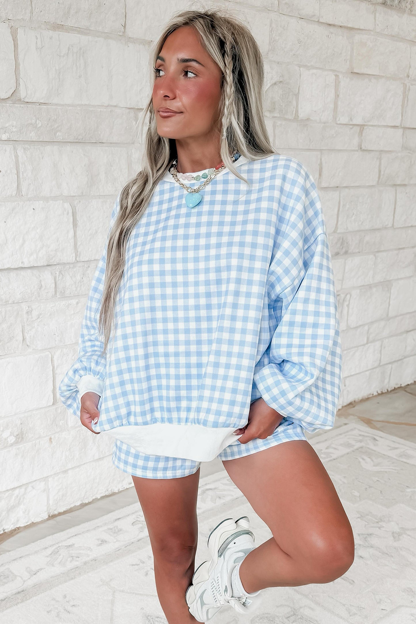 Plaid Baggy Pullover Drawstring Casual Shorts 2pcs Outfit