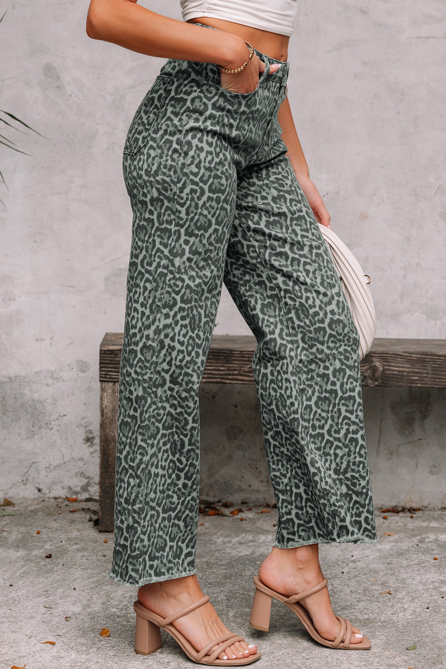 Leopard Frayed Edge Wide Leg High Waist Jeans