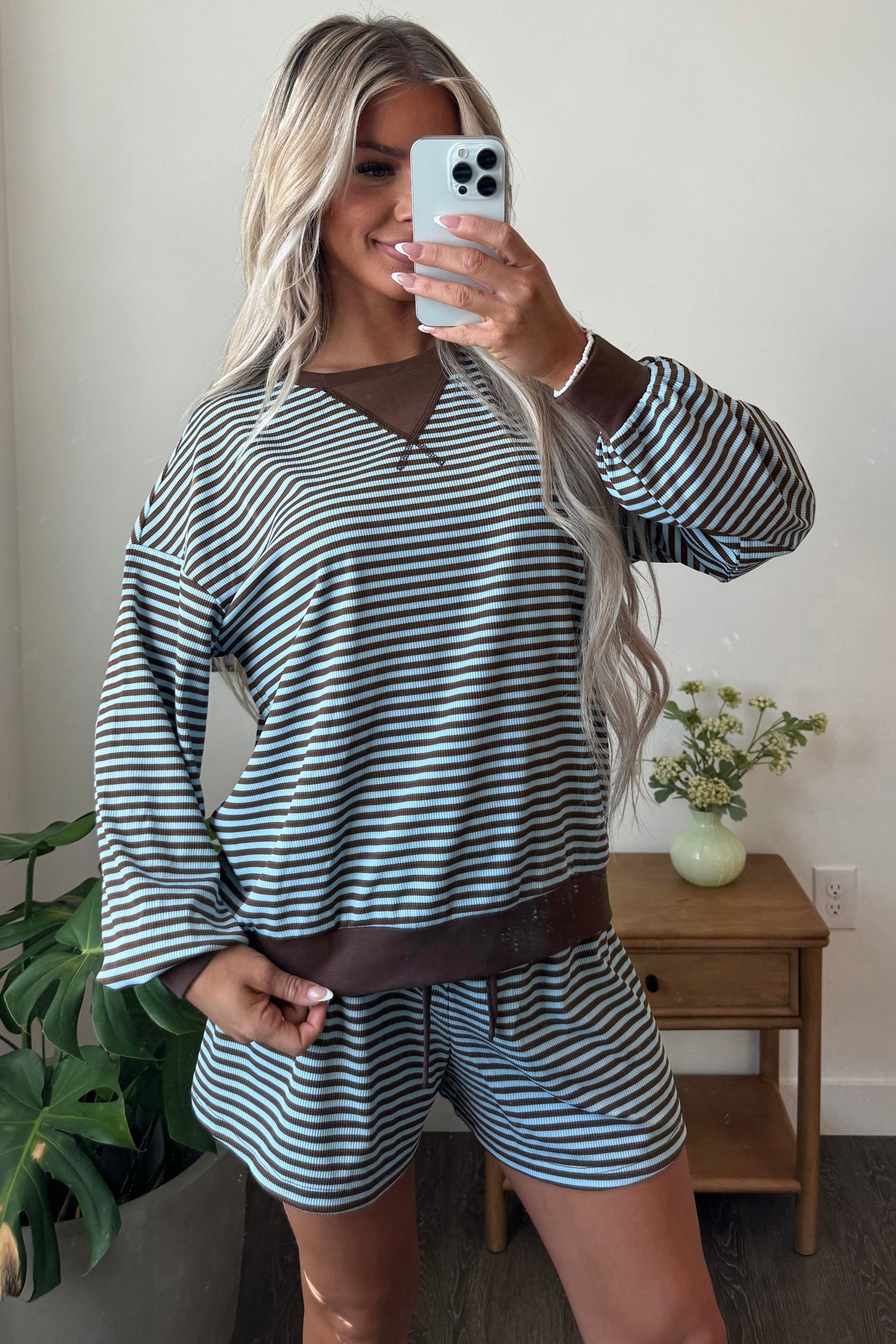 Stripe Oversized Long Sleeve Top Drawstring Loose Shorts 2pcs Set