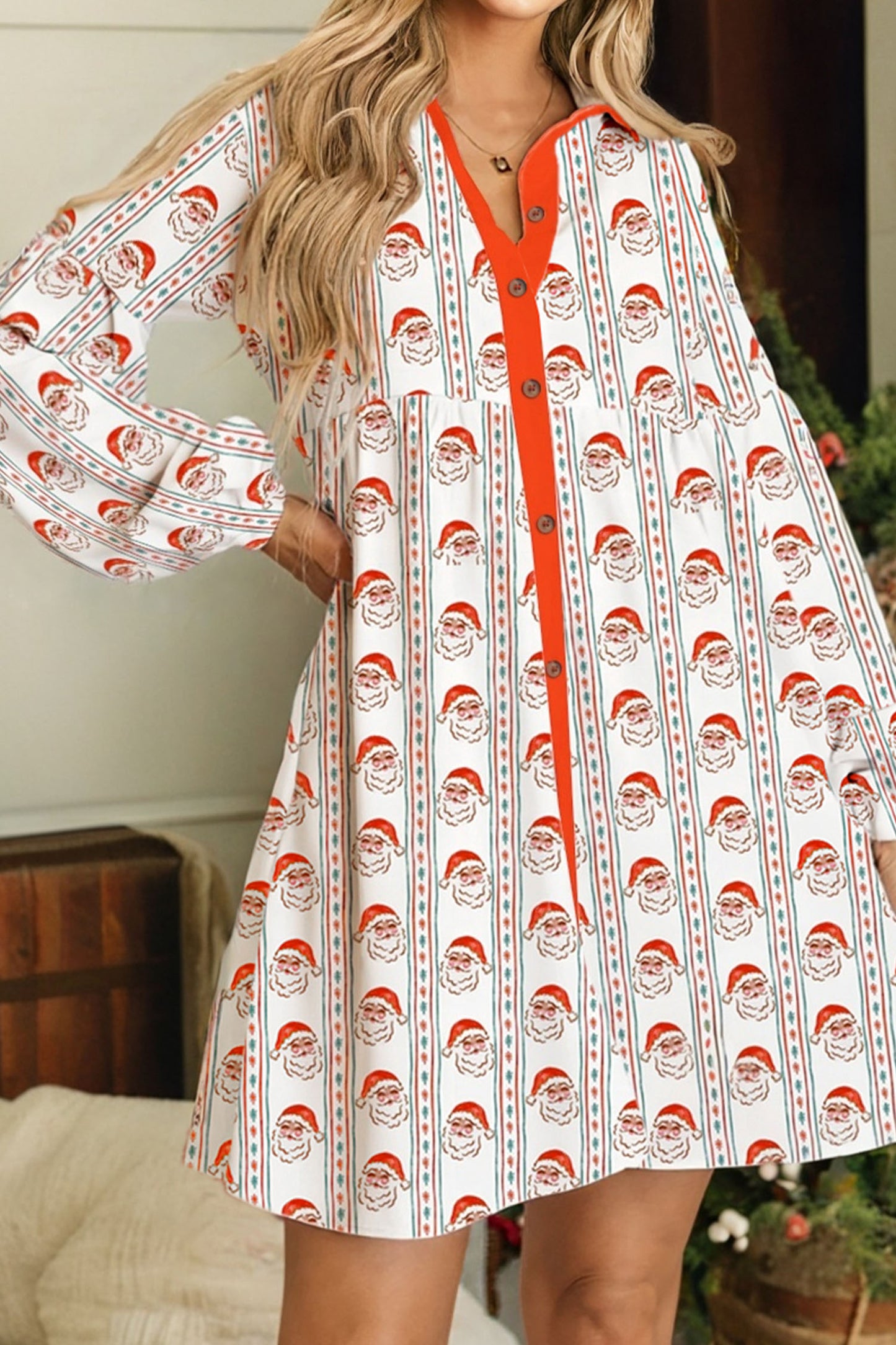 Father Christmas Contrast Collar Button Front Long Sleeve A-line Mini Dress