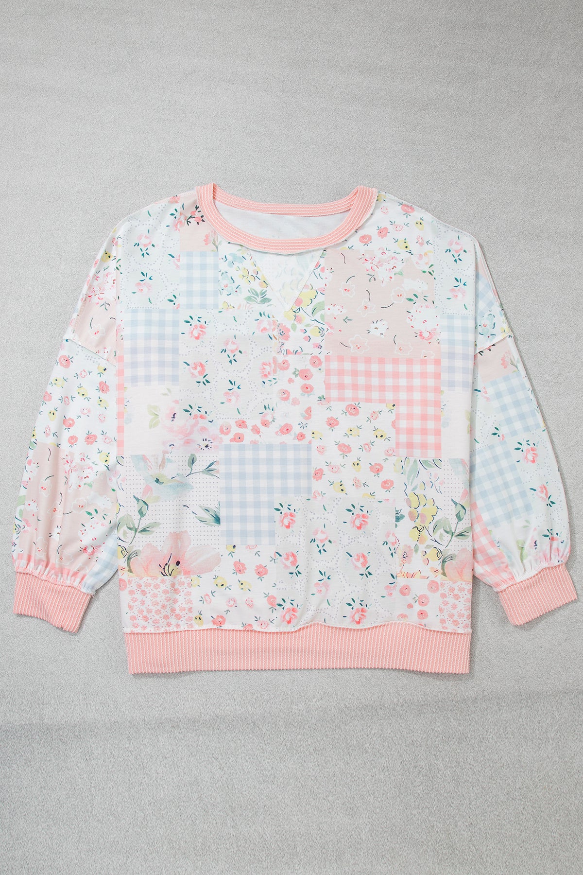 Patchwork Floral Print Long Sleeve Tunic Plus Size Blouse