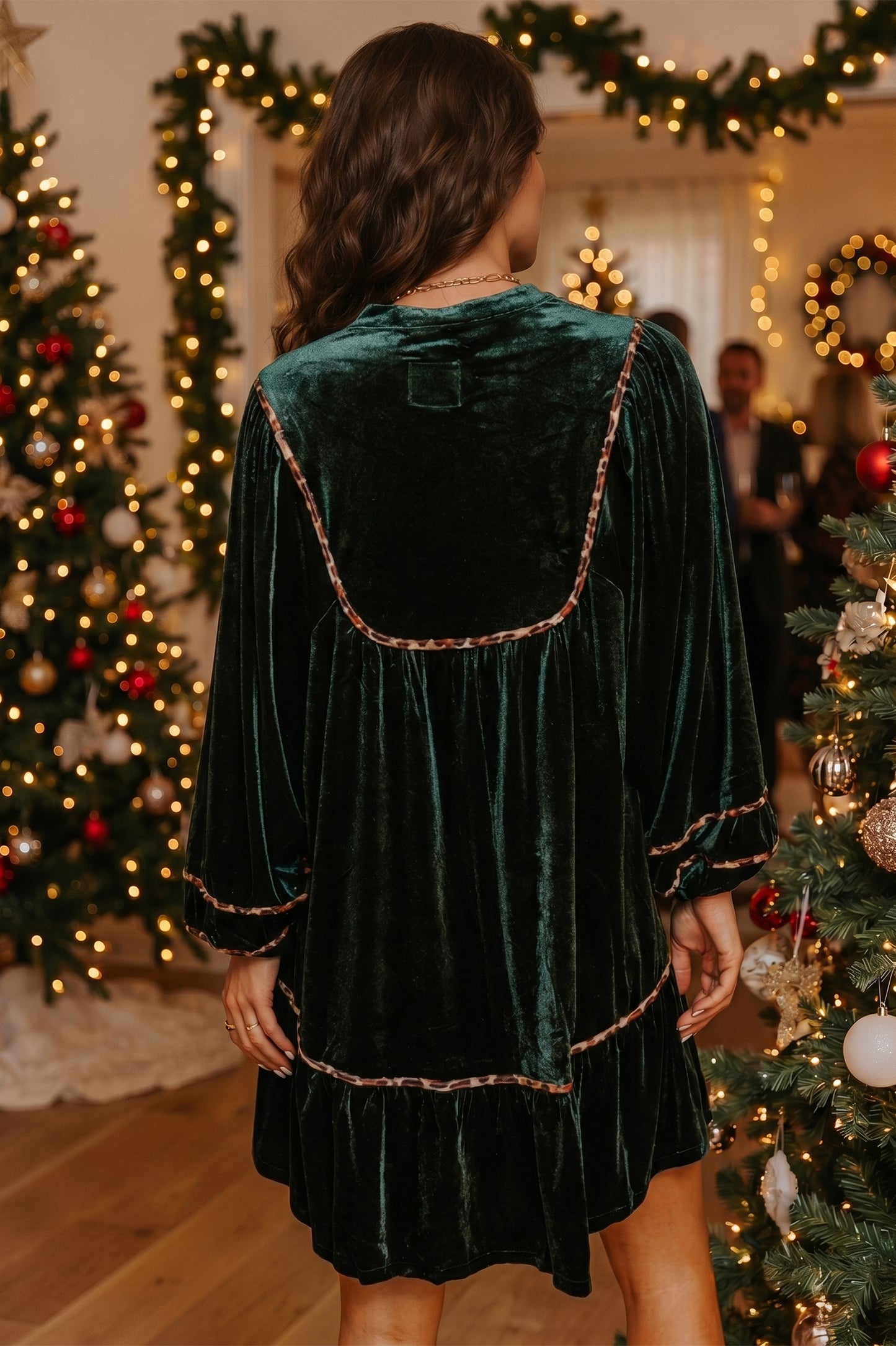 Leopard Trim Velvet Long Sleeve Shift Dress