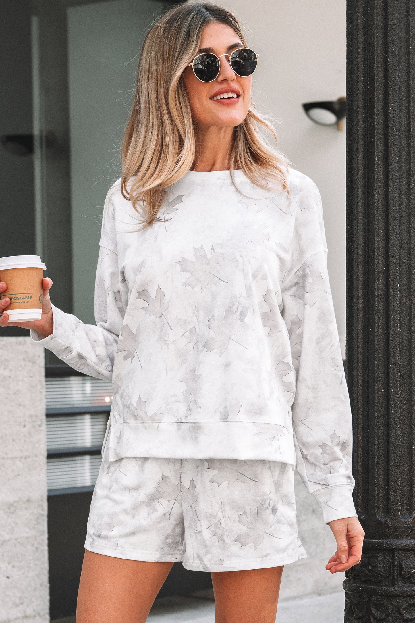 Camo Print Pullover Top and Elastic Waist Casual Short Set