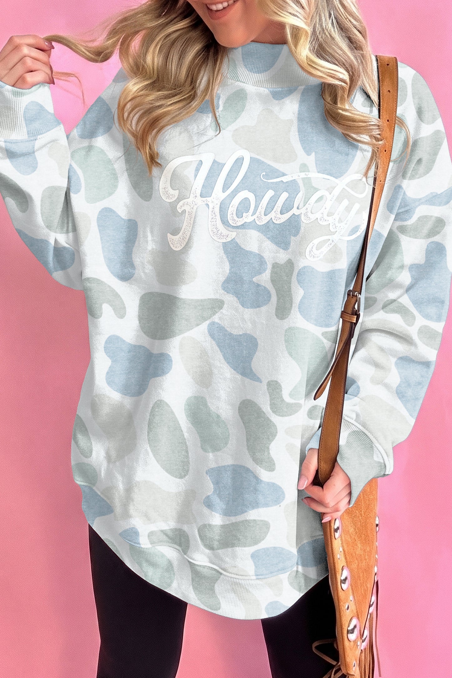 Camo Print Howdy Western Style Baggy Pullover Sweatshirt