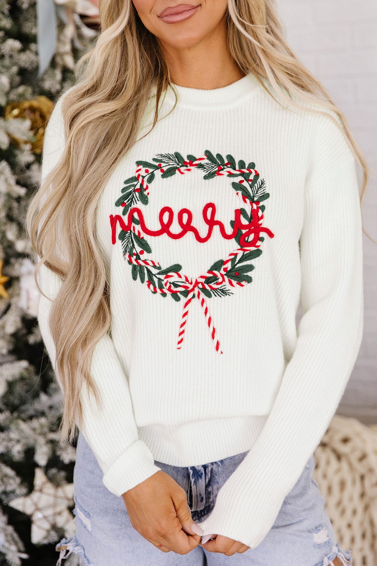 Christmas Wreath Pattern Round Neck Casual Sweater