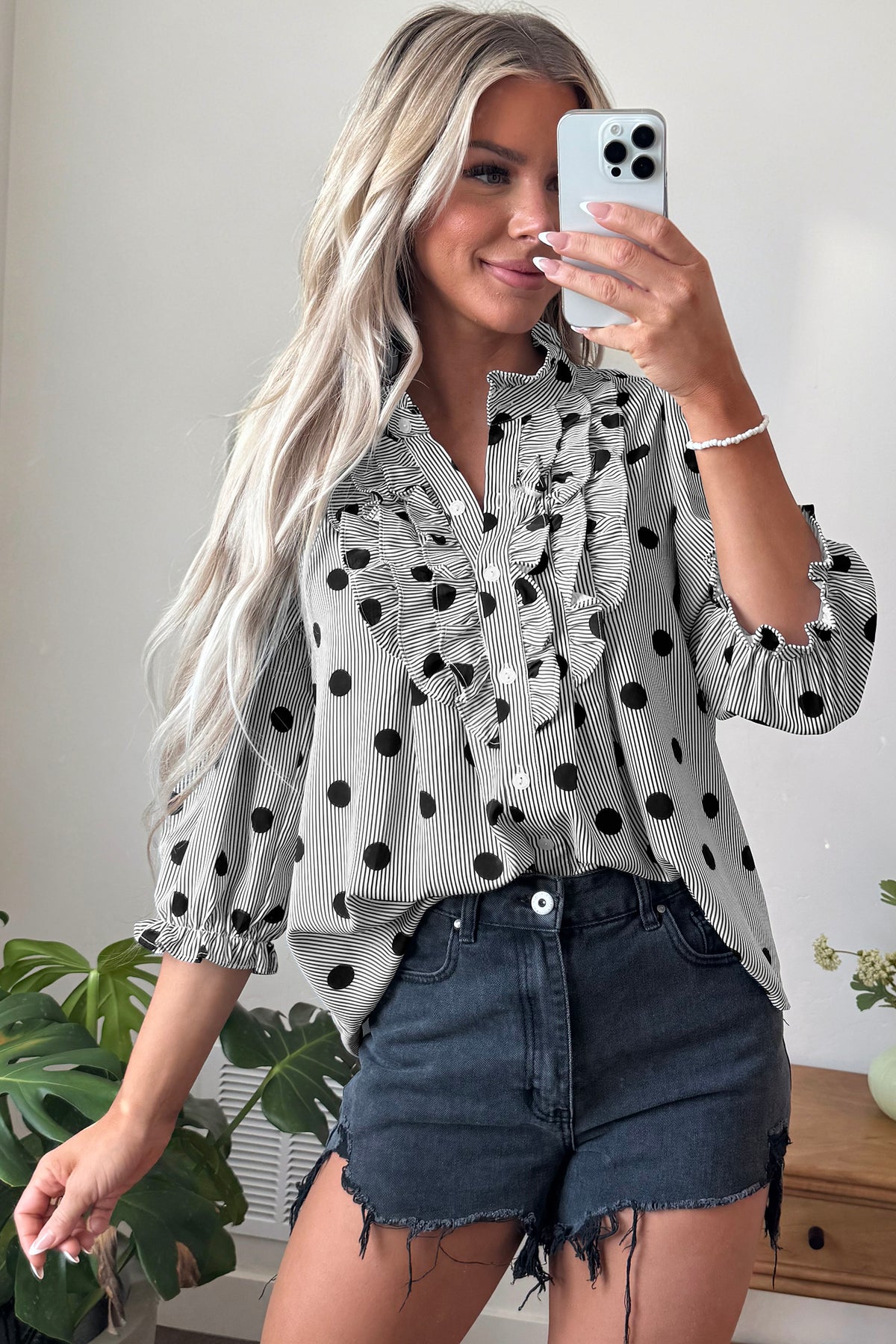 Polka Dot Striped Print Ruffle Stand Neck 3/4 Sleeve Shift Shirt