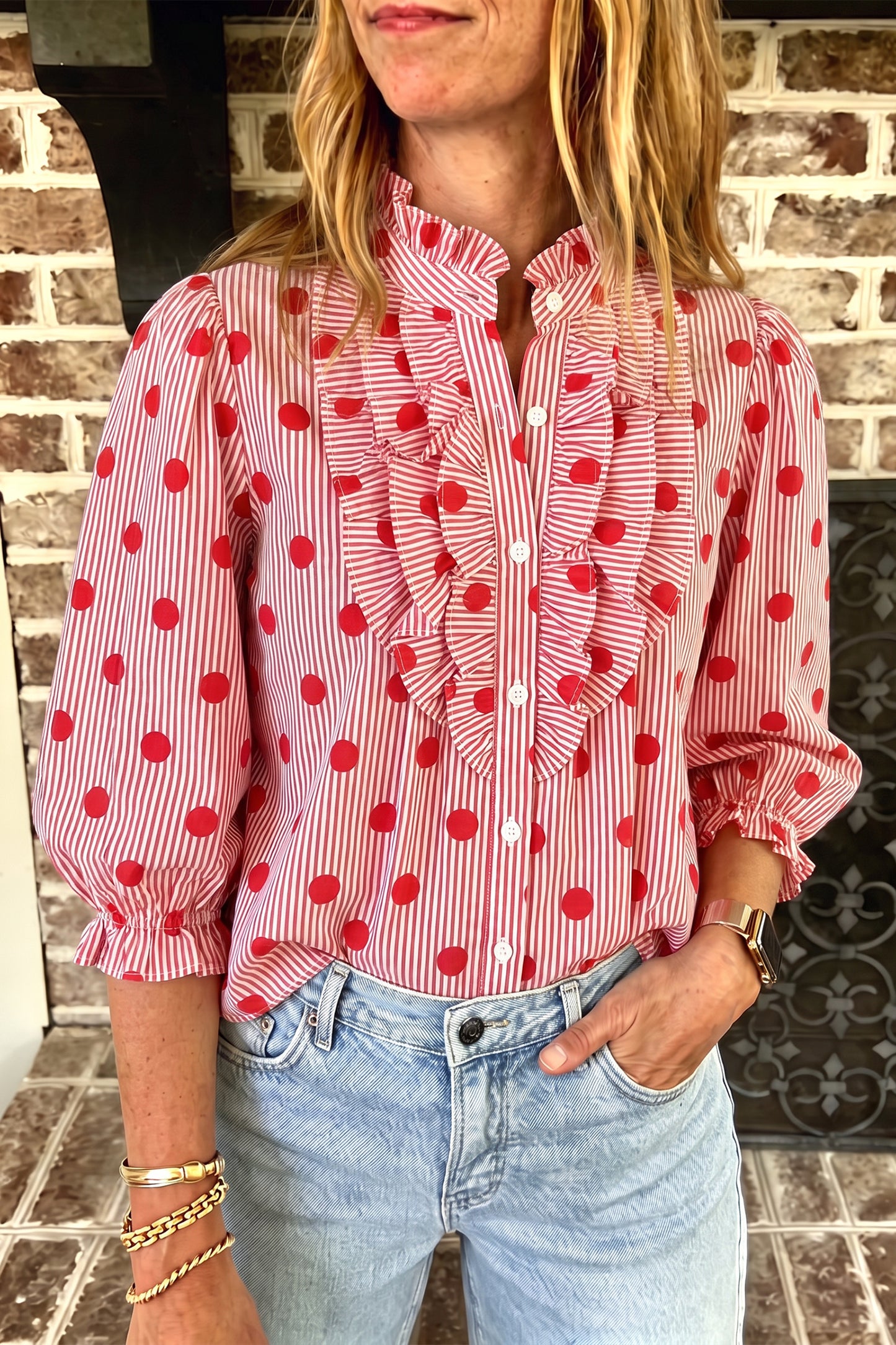 Polka Dot Striped Print Ruffle Stand Neck 3/4 Sleeve Shift Shirt