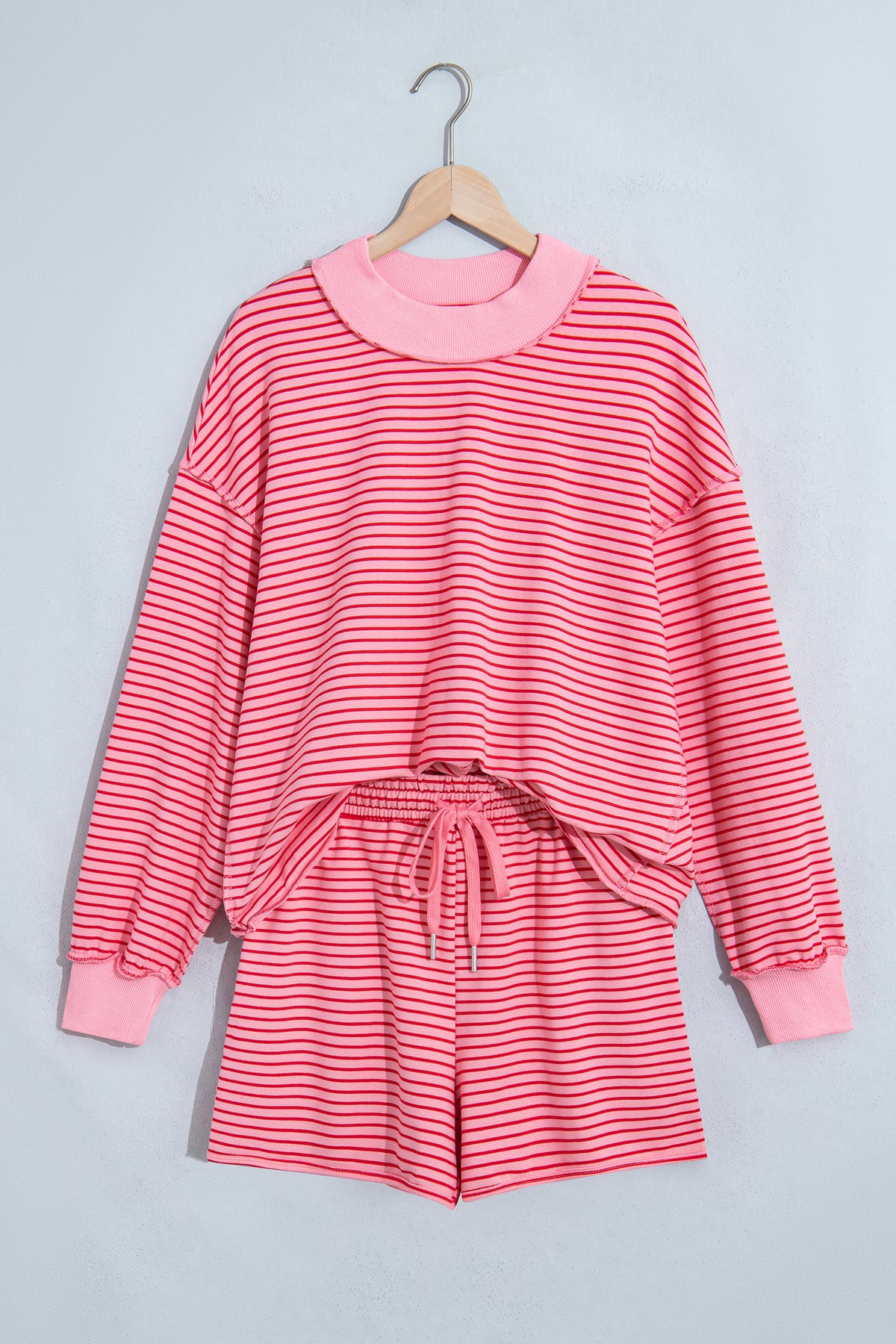 Stripe Ribbed Patchwork Mock Neck Baggy Pullover Matching Shorts Set