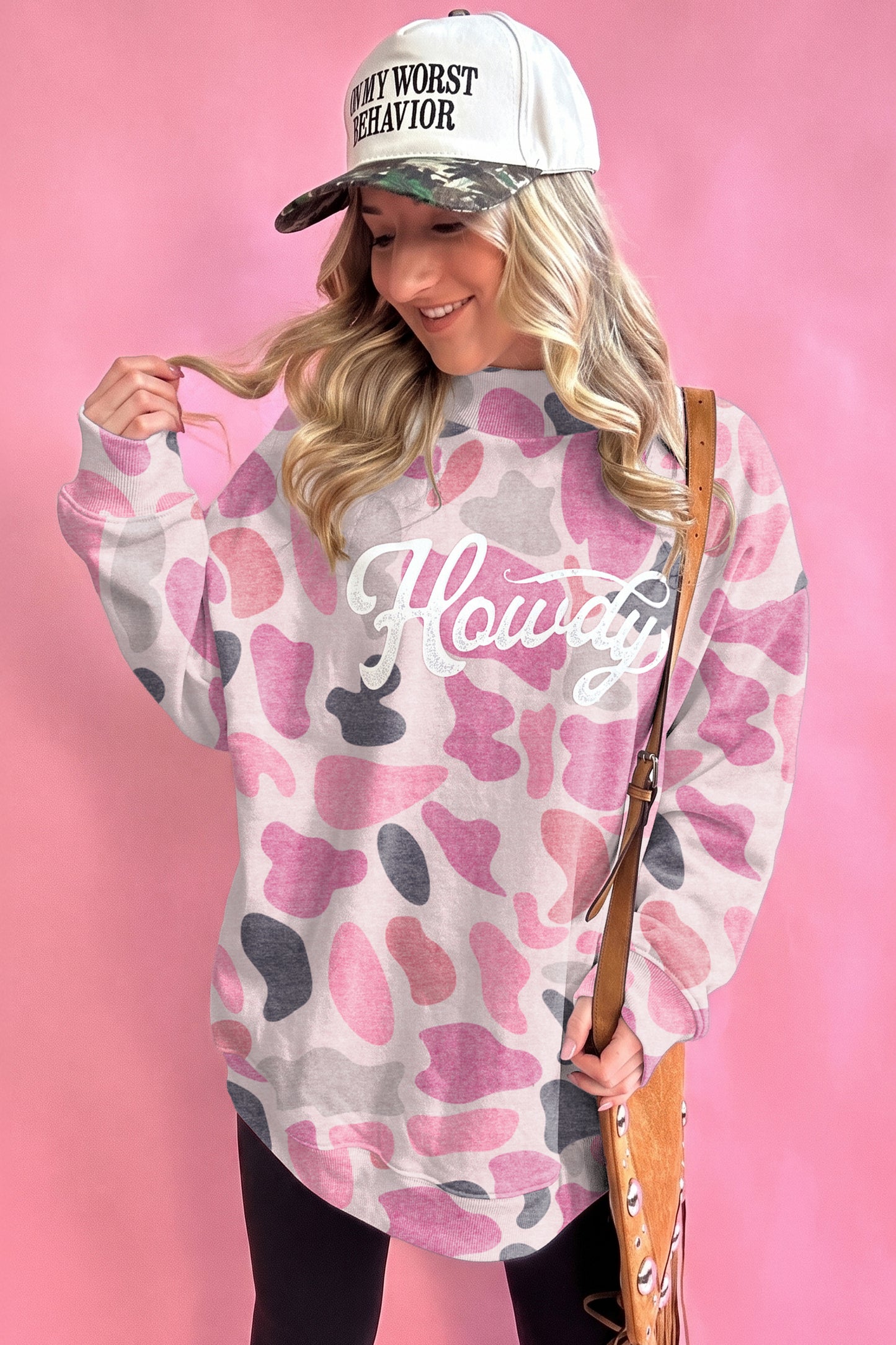 Camo Print Howdy Western Style Baggy Pullover Sweatshirt