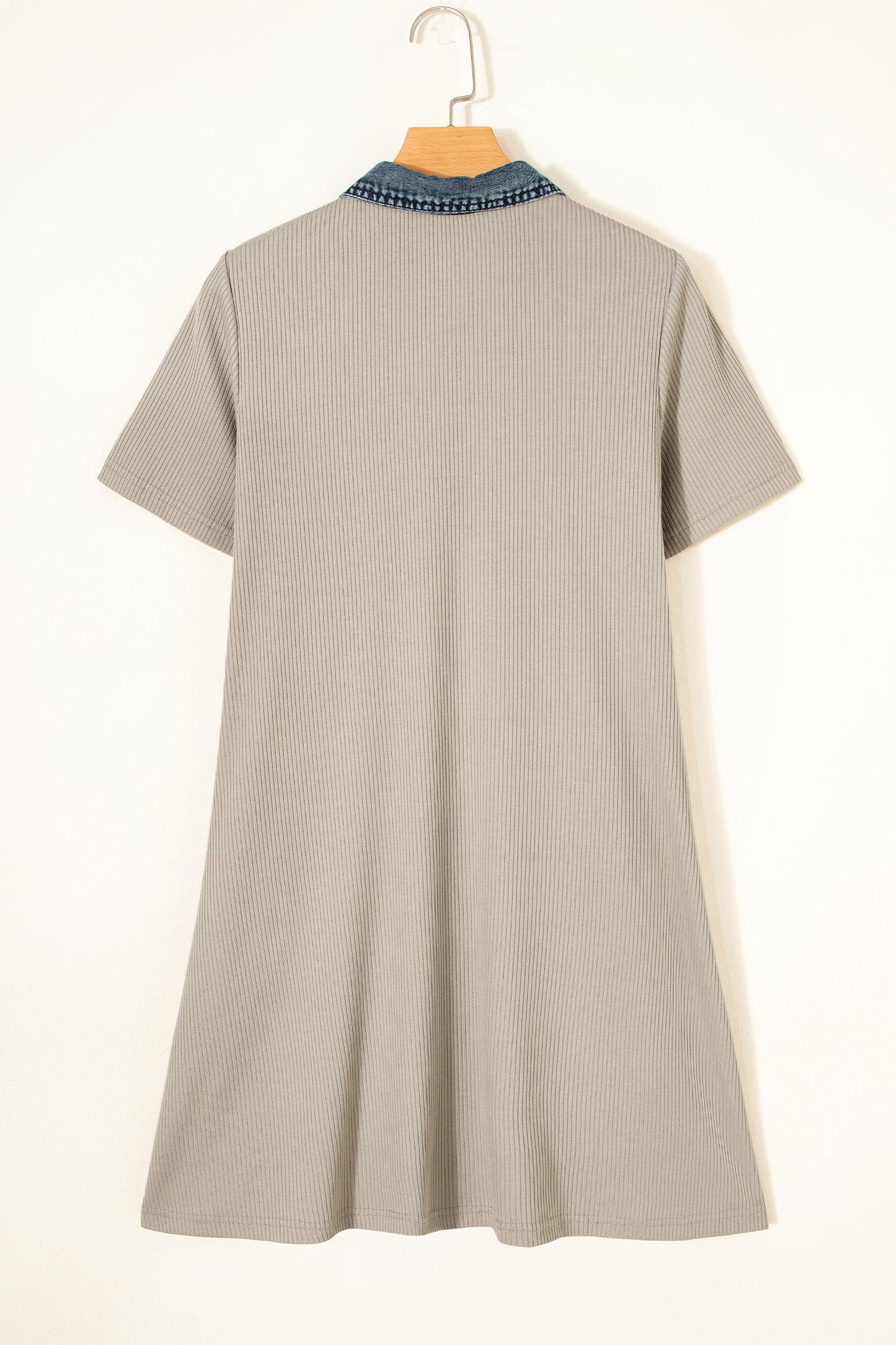 Short Sleeve Ribbed Knit Denim Patchwork Polo Collar Dress