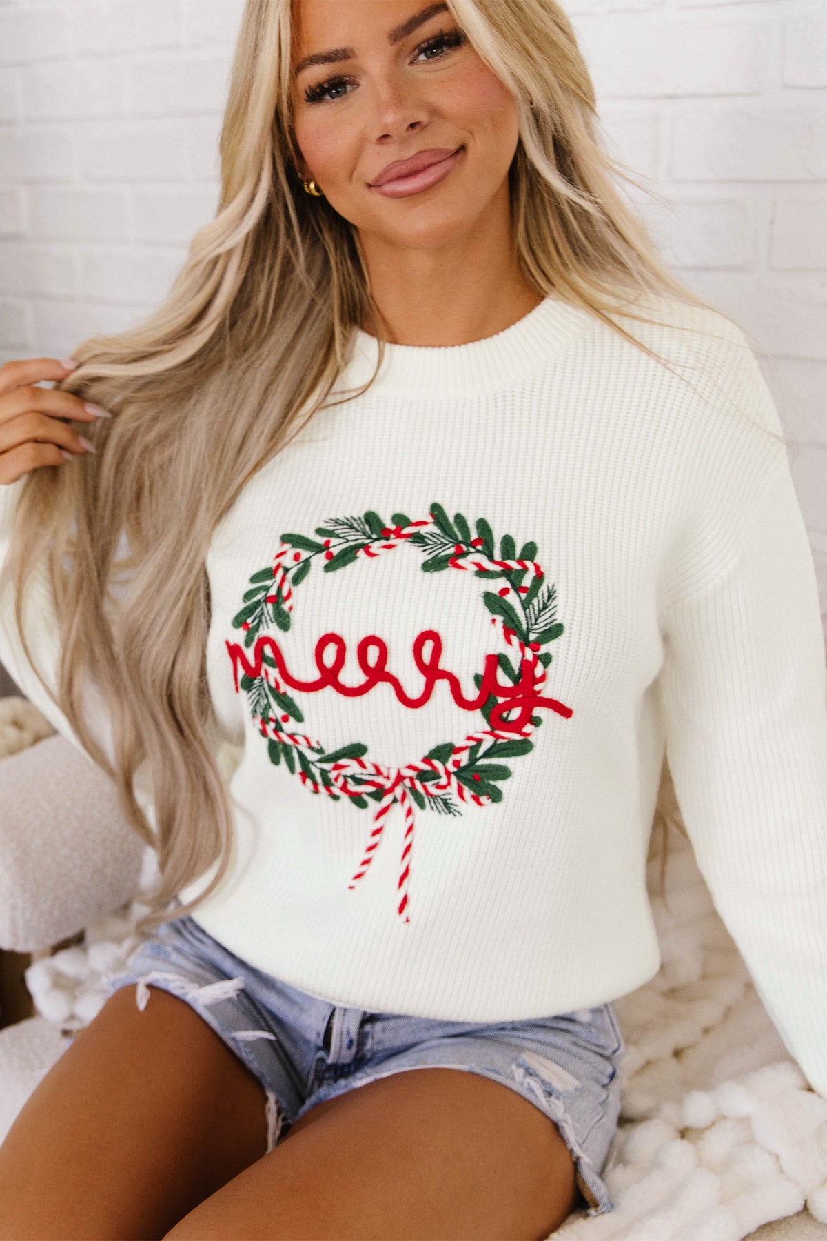 Christmas Wreath Pattern Round Neck Casual Sweater