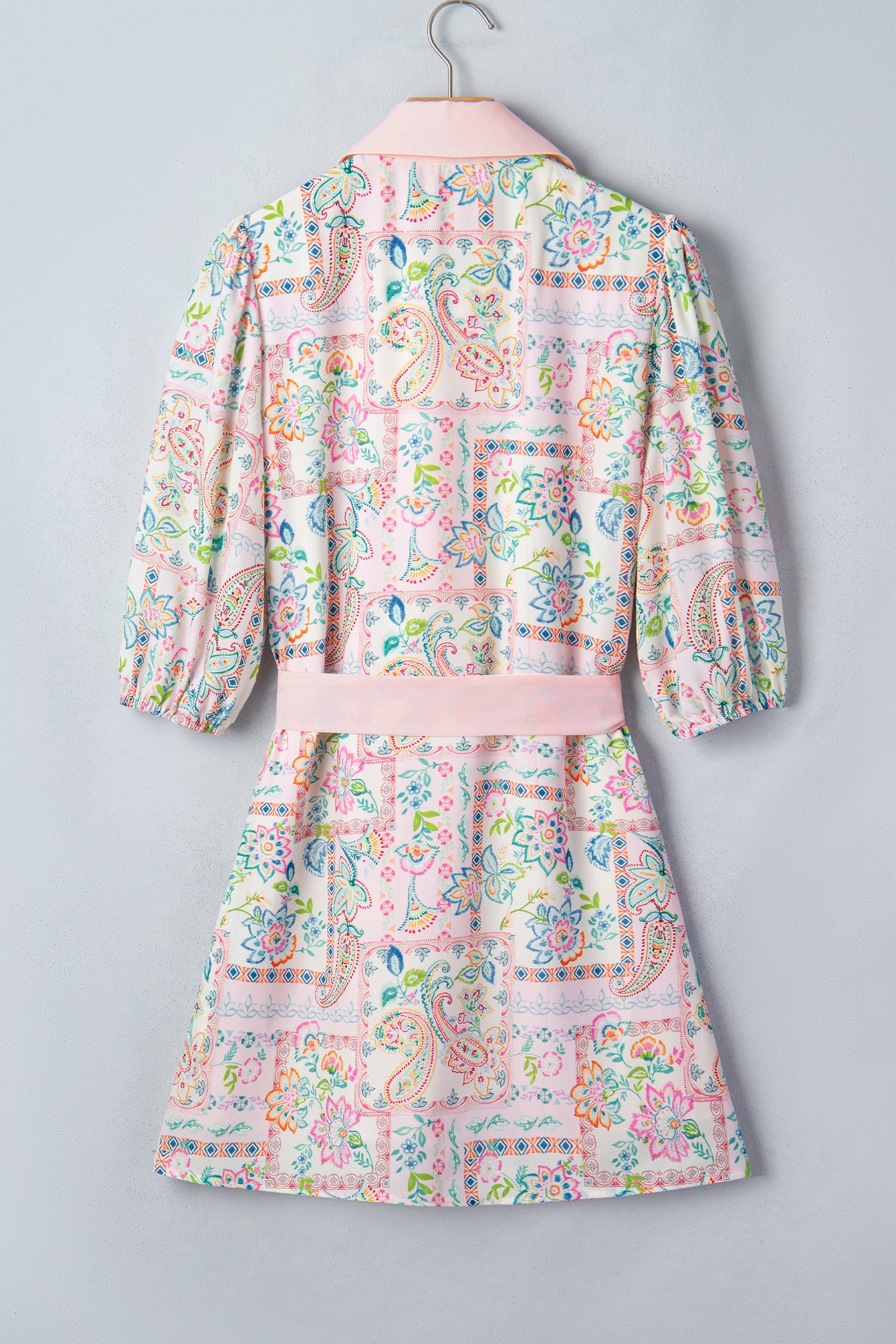 Boho Floral Print Color Block Trim Half Button Belted Mini Dress
