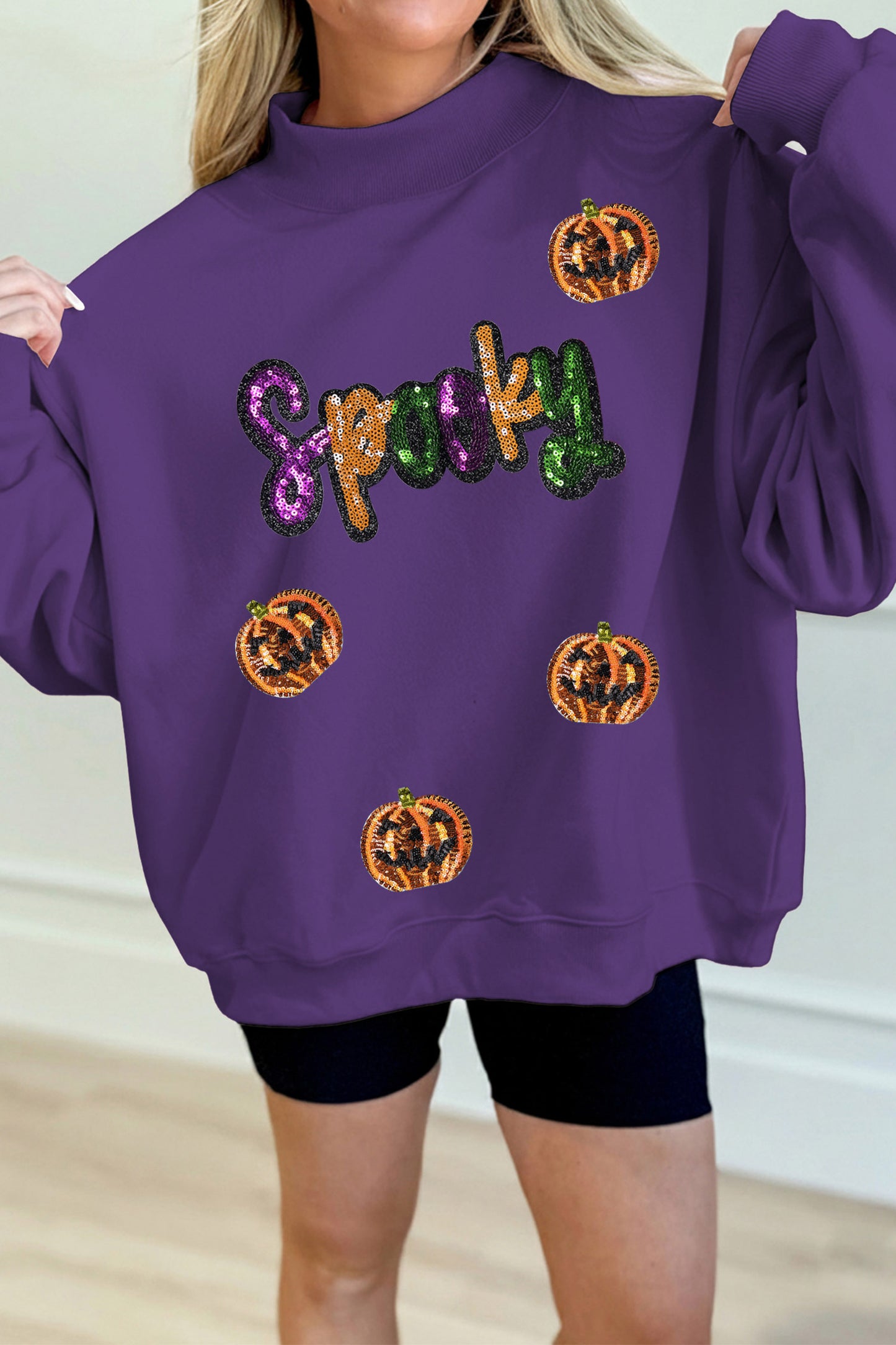 Sequin Pumpkin Spooky Graphic Halloween Pullover Sweatshirt