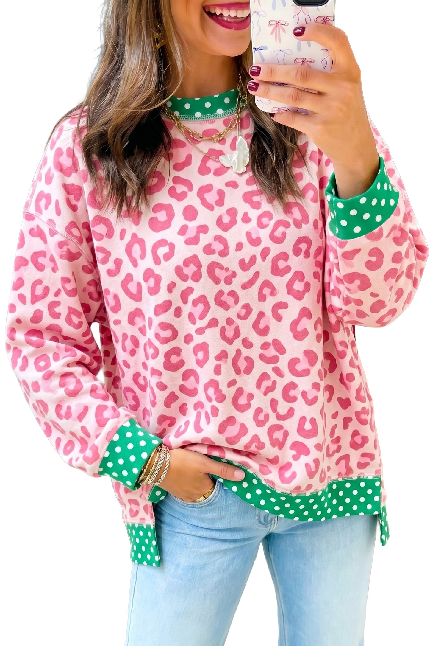 Leopard Polka Dot Colorblock Trim Long Sleeve Top