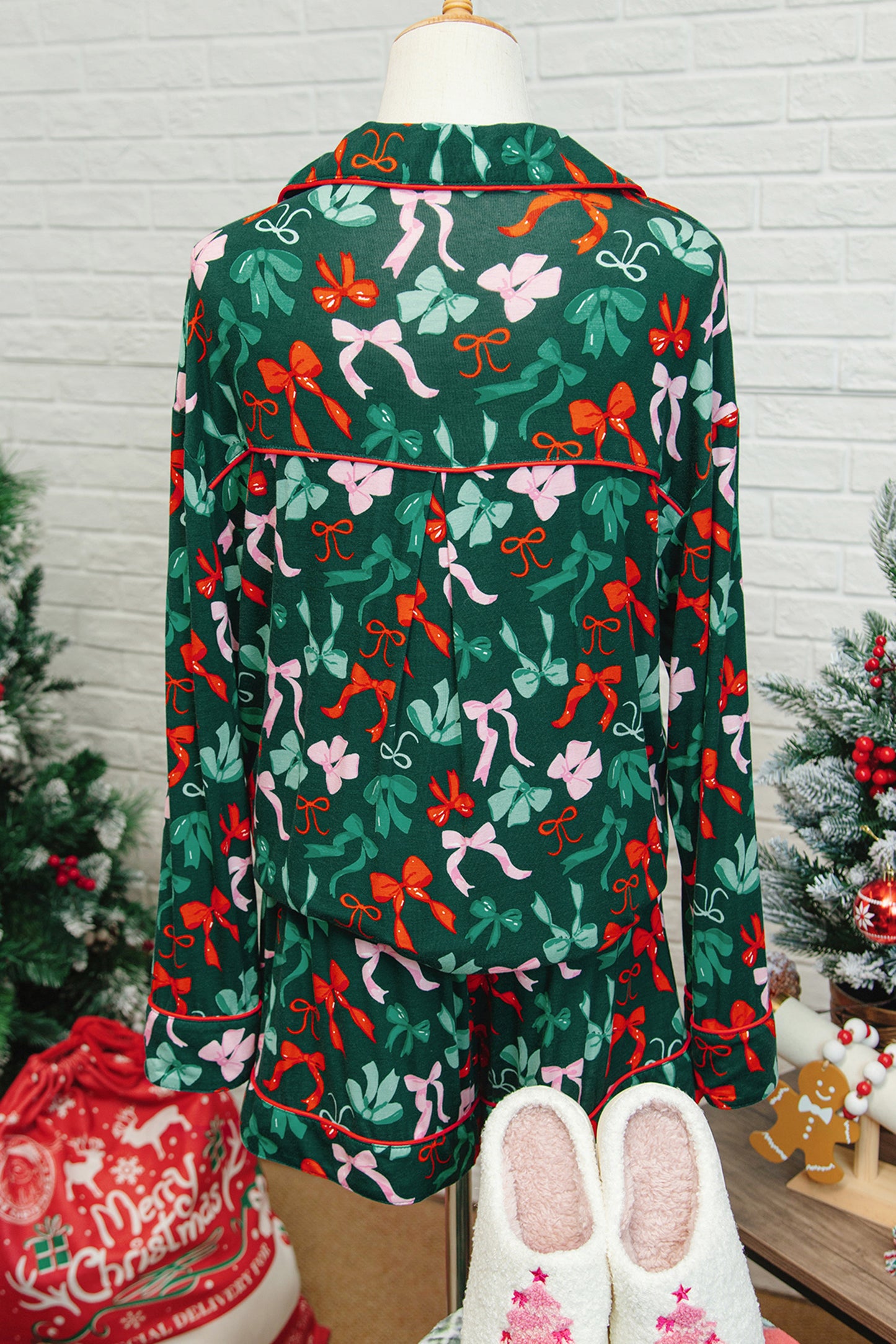Bow Print Long Sleeve Shirt and Pajama Short Set