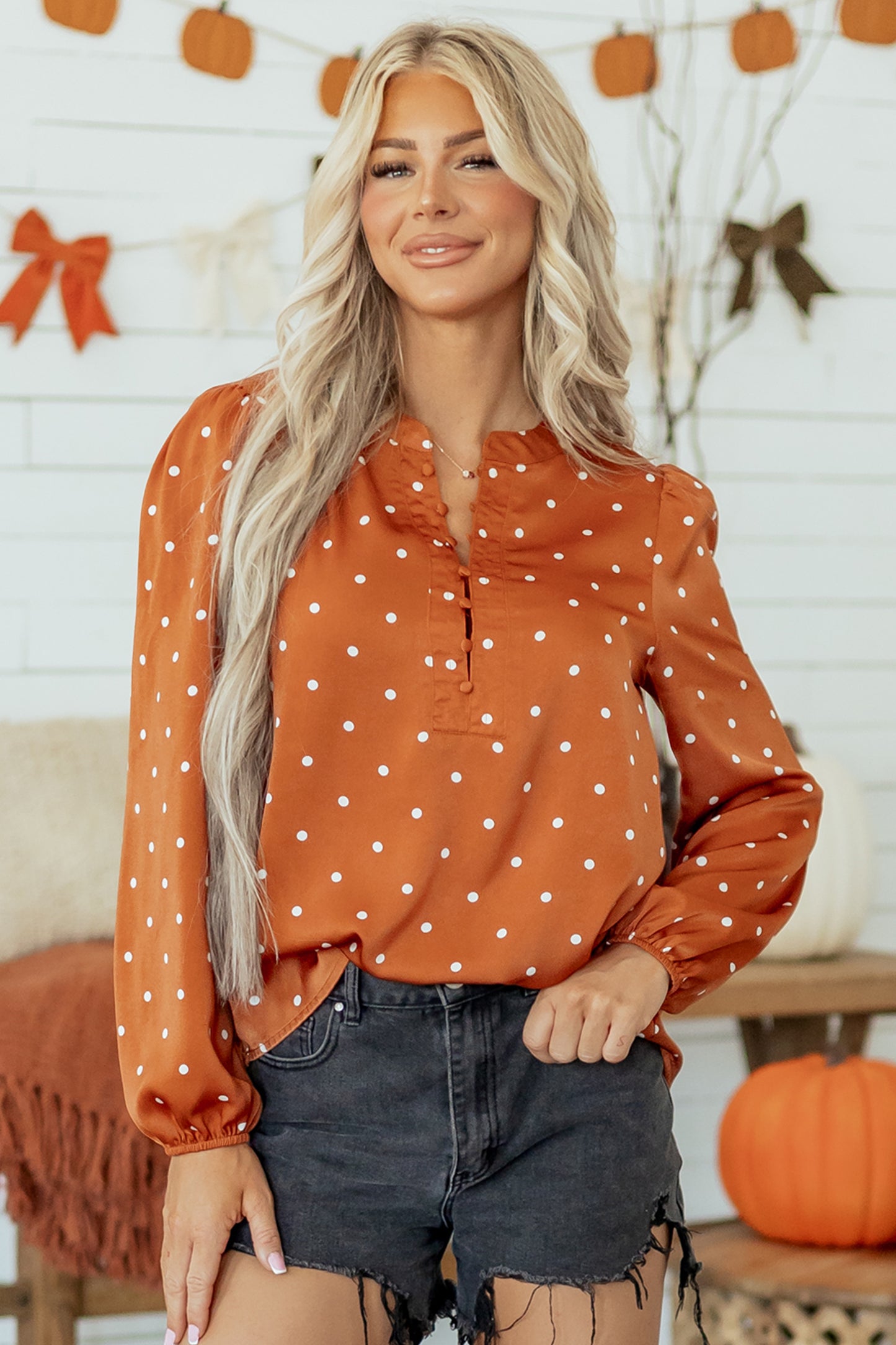 Polka Dot Half Button V Neck Long Sleeve Blouse
