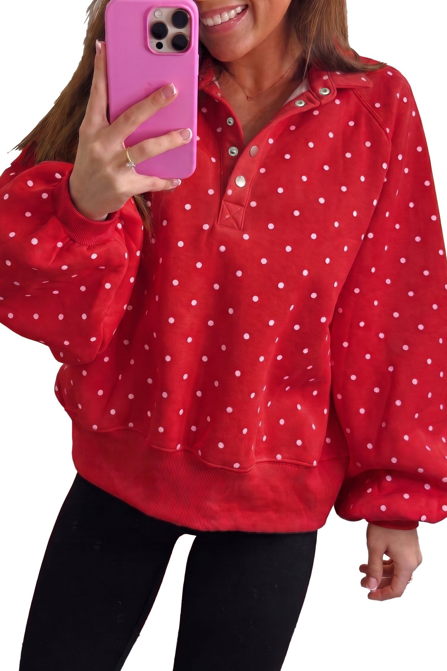 Polka Dot Print Metal Button Collar Casual Pullover Sweatshirt