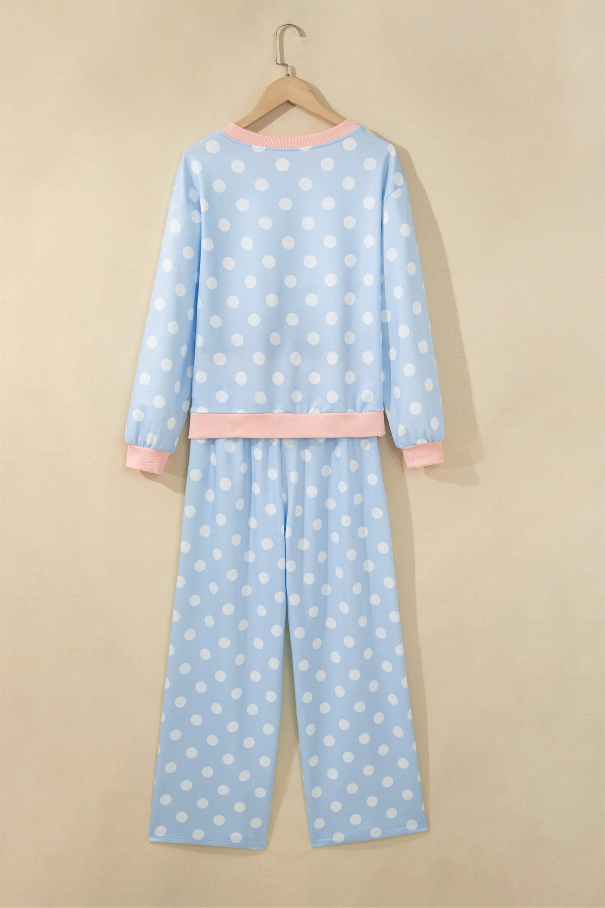 Polka Dot Contrast Trim Long Sleeve Top Drawstring Shift Pants Set