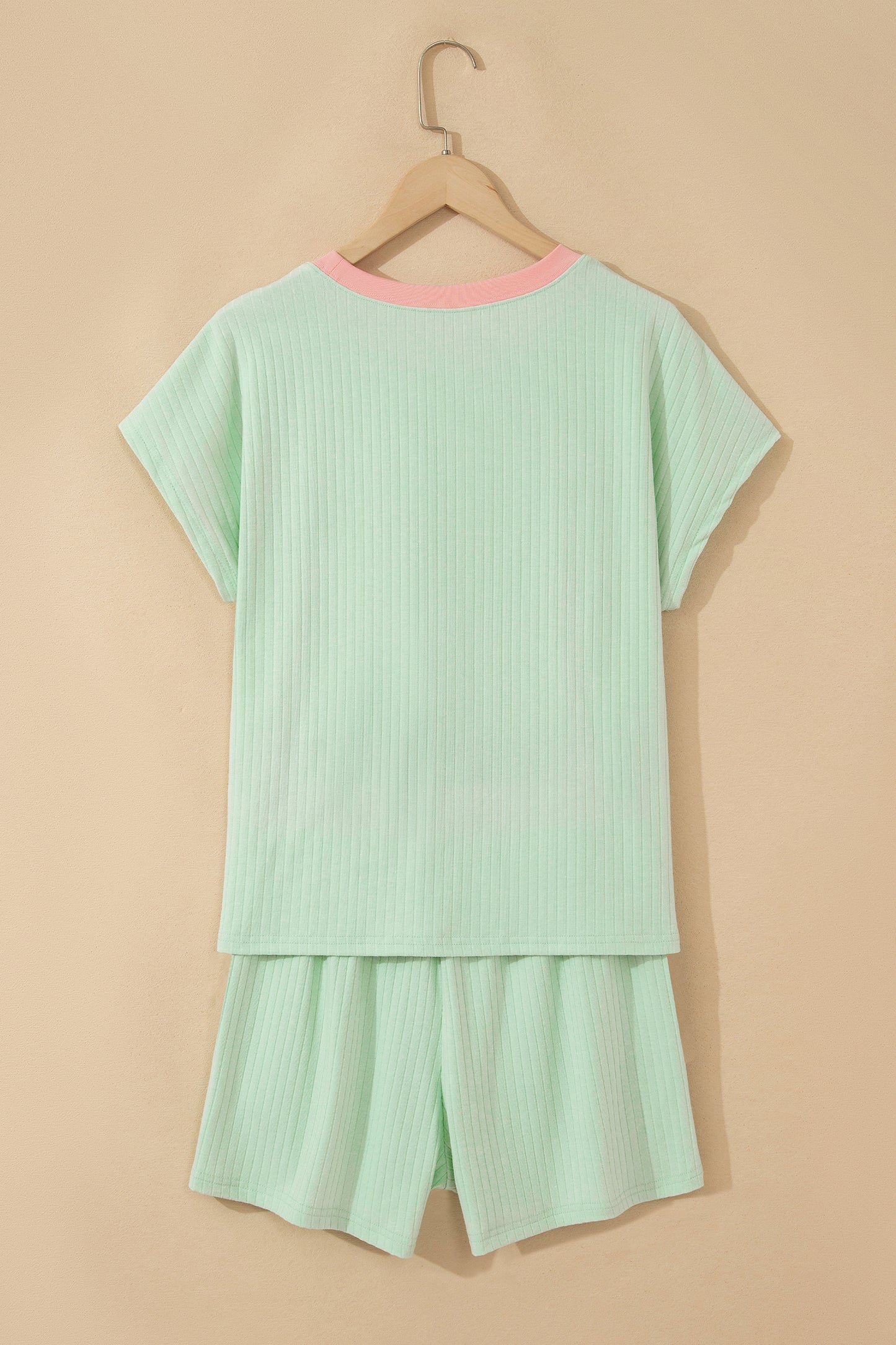 Ribbed Color Block Trim Casual Short Set