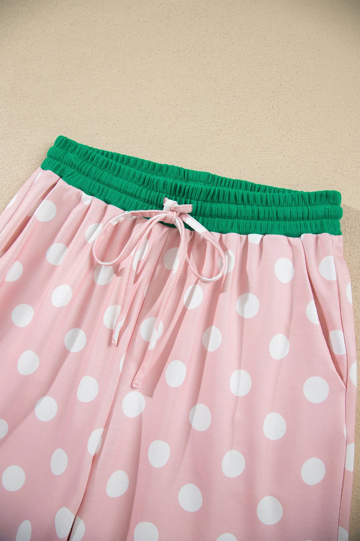 Polka Dot Contrast Trim Long Sleeve Top Drawstring Shift Pants Set