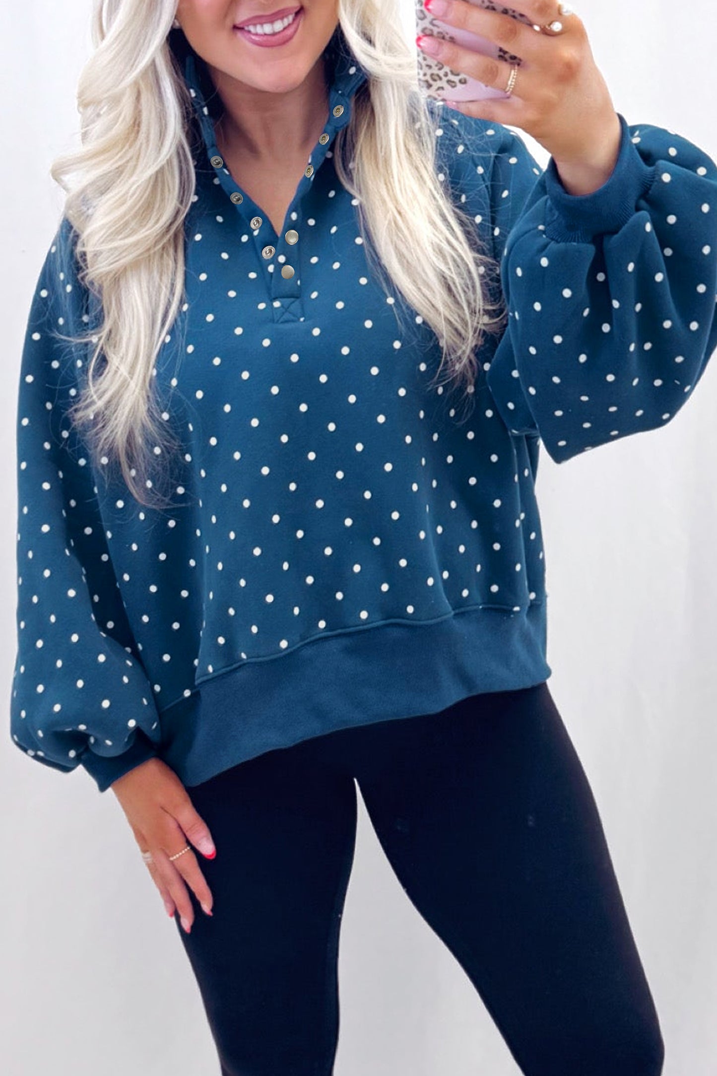 Polka Dot Print Metal Button Collar Casual Pullover Sweatshirt