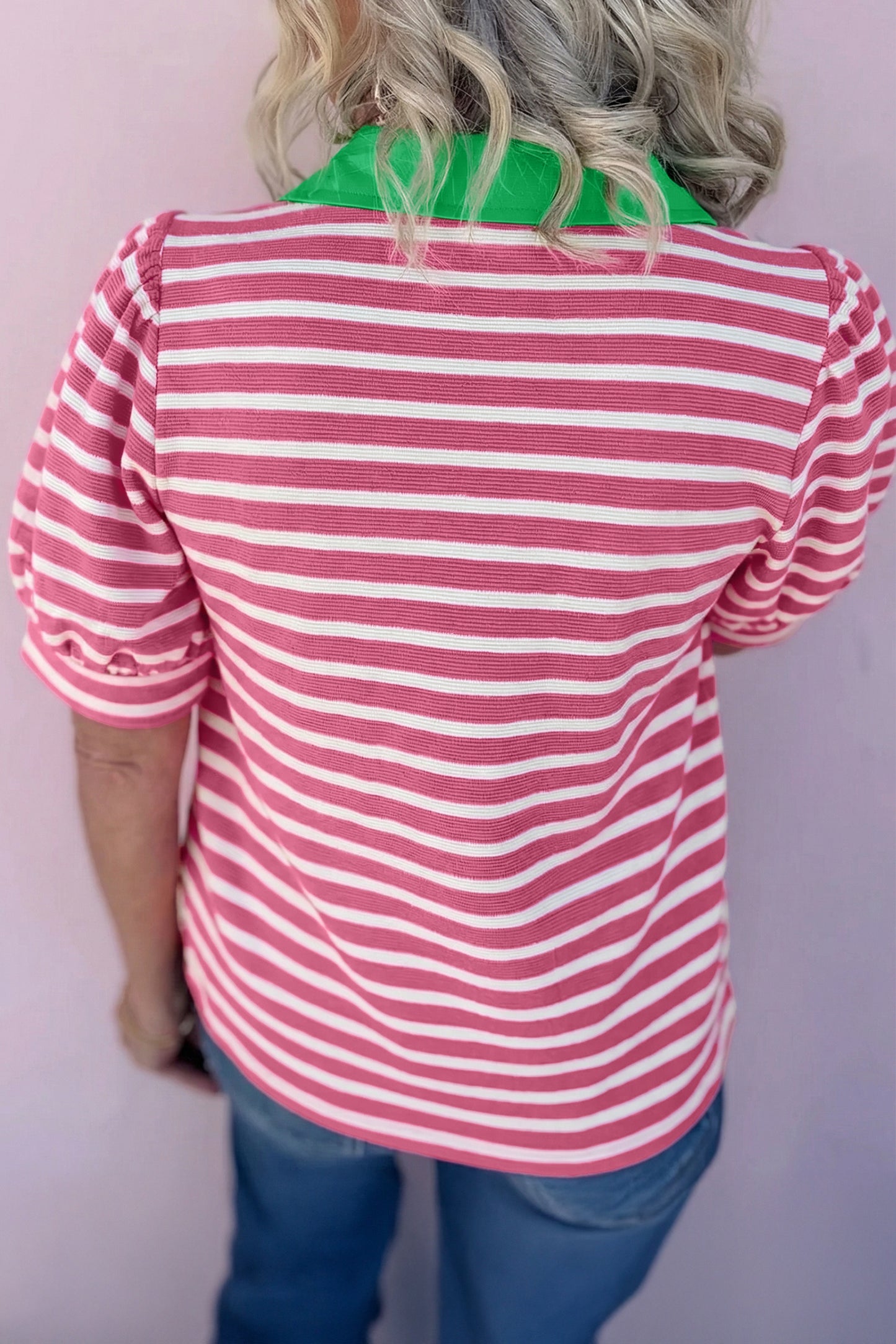 Short Puff Sleeve Color Block Polo Collar Blouse