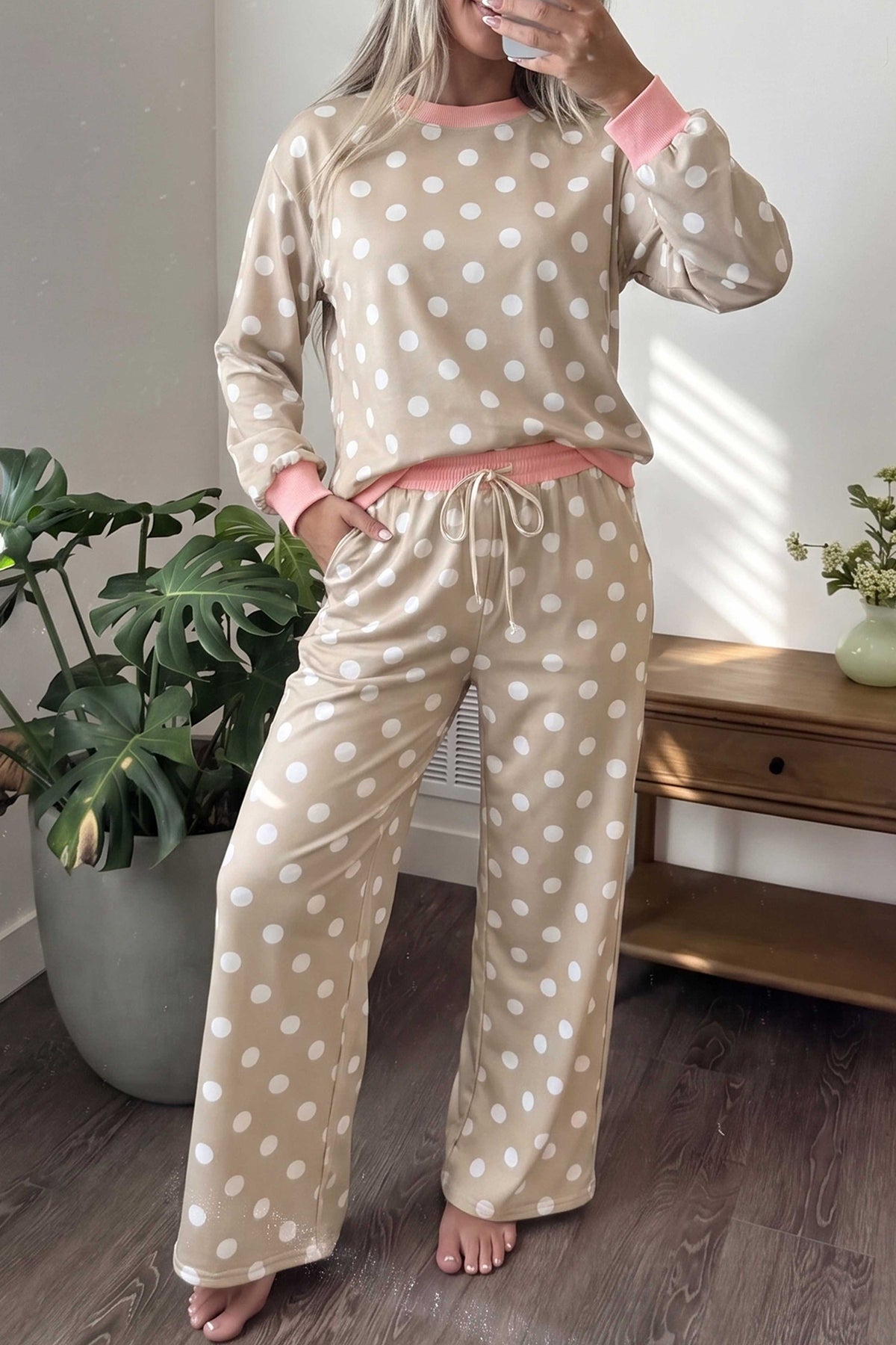 Polka Dot Contrast Trim Long Sleeve Top Drawstring Shift Pants Set